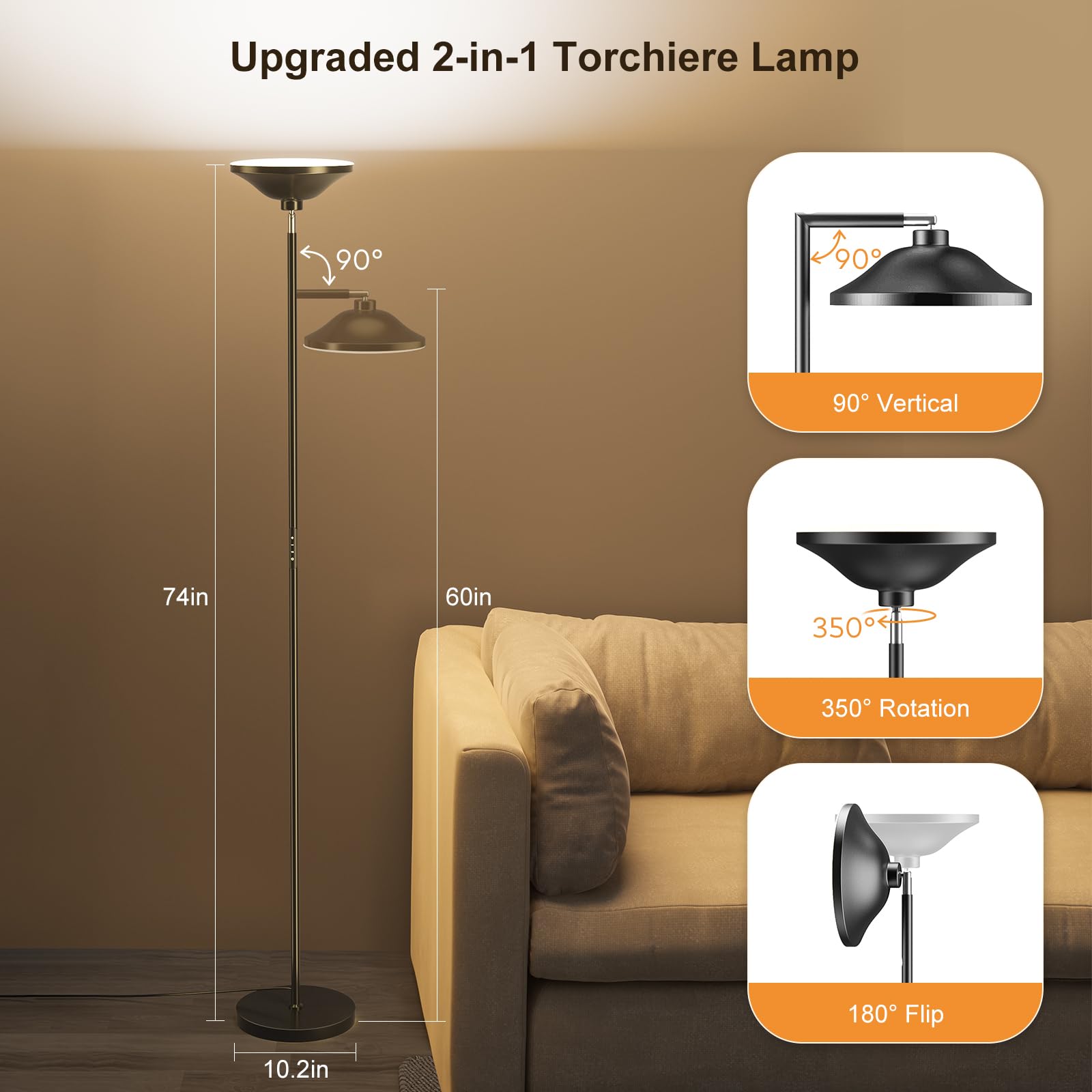 Fulsunt 36W Bright Floor Lamps For Living Room, 2 In 1 Led Torchiere Floor Lamps, Standing Lamp For Bedroom, Tall Floor Lamp For