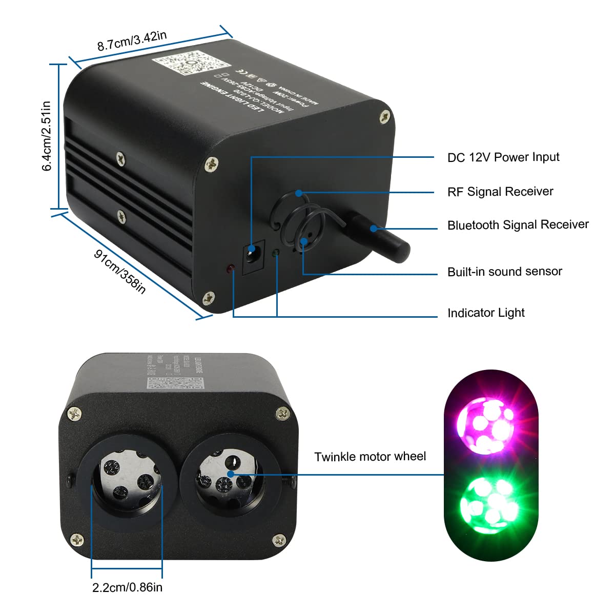 AKEPO Fiber Optic Lights Kit, 20W Dual-Head, RGBW Color, 600pcs 0.03in Fibers, 9.8ft, Aluminum, Model QJ