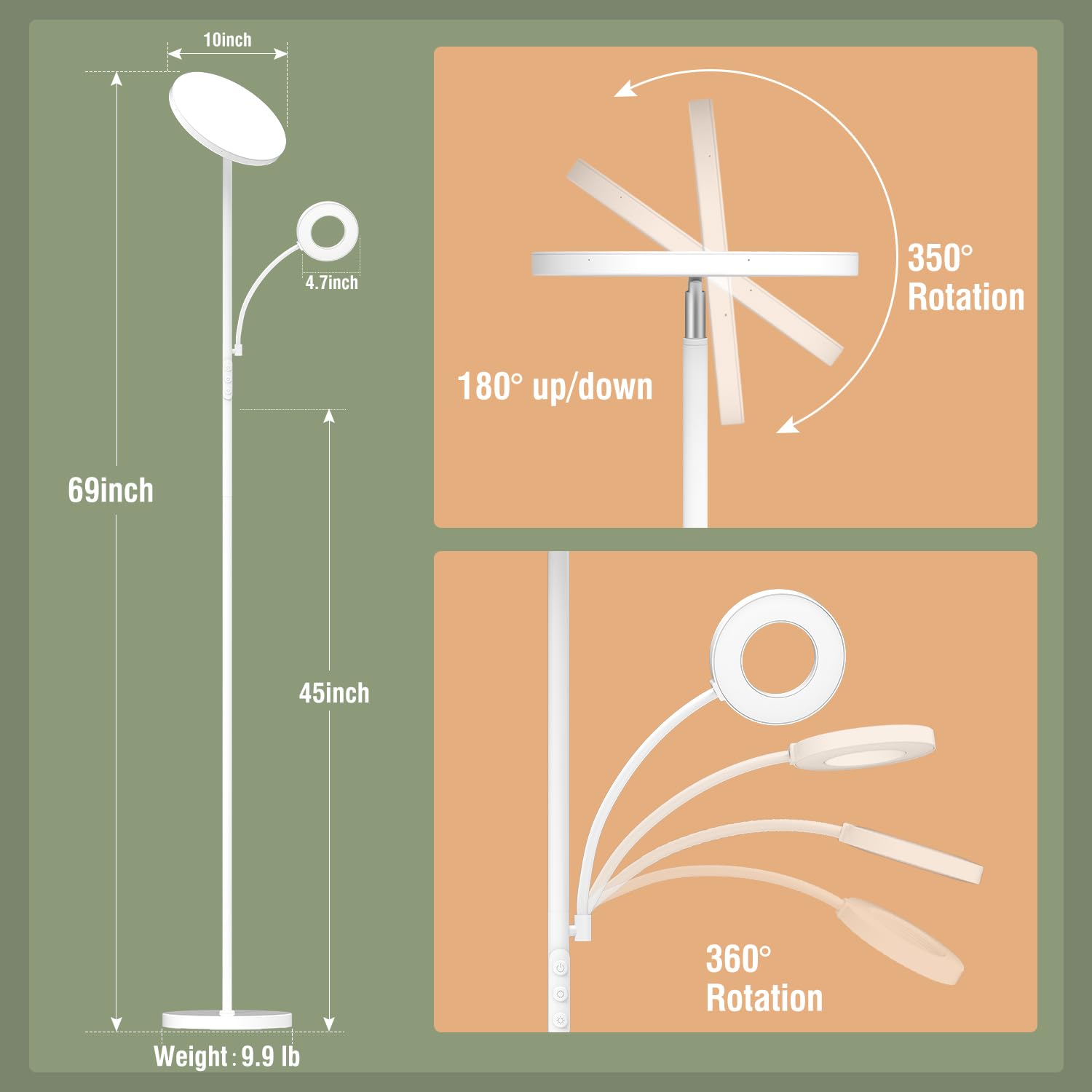 marctronic 42W White Floor Lamp - 4000LM Super Bright LED, Dimmable with Remote & Touch Control, Adjustable Reading Light for Bedroom & Office