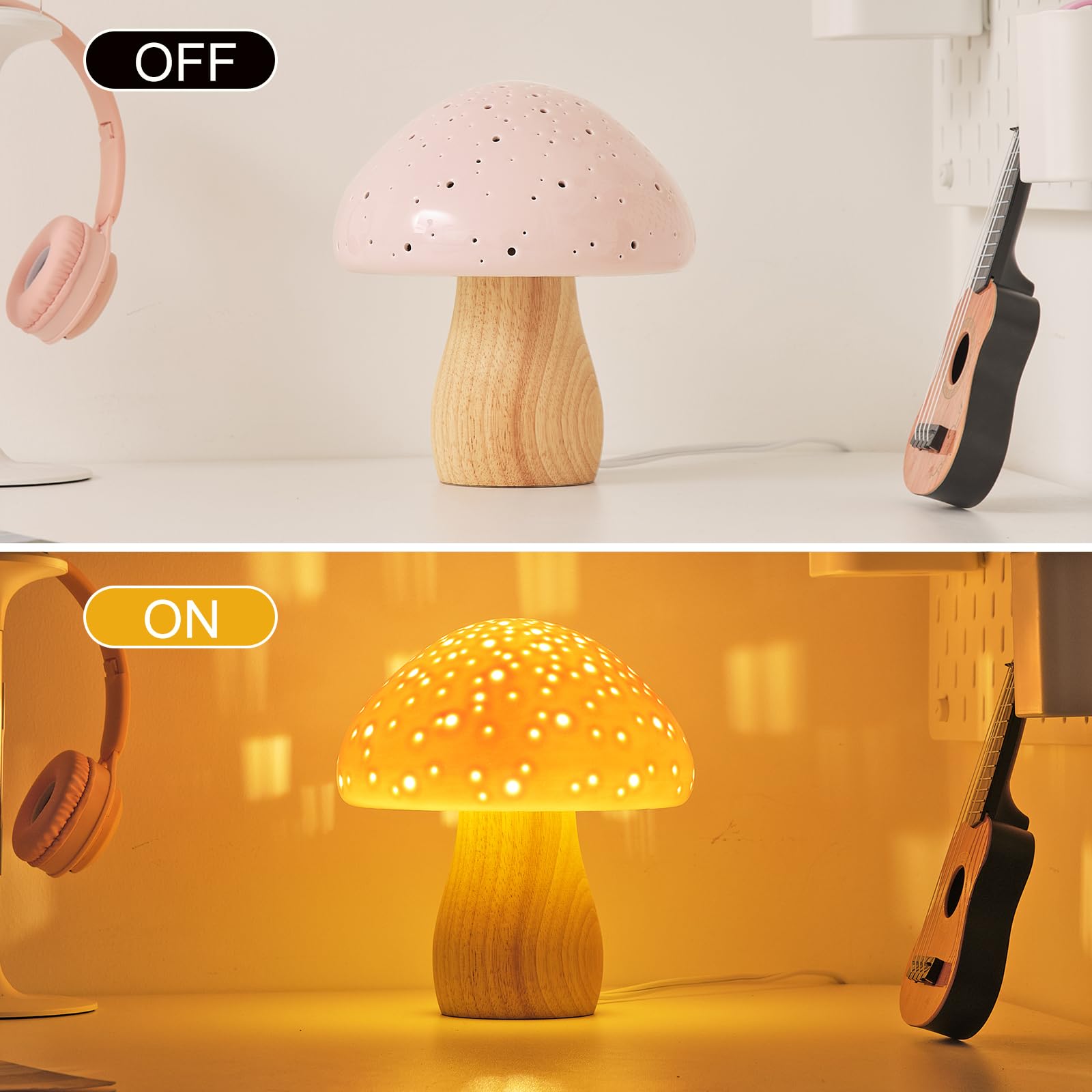 BOHON Ceramic Mushroom Lamp, Vintage Pink Bedside Table Light, LED Bulb Included, Model C-Mushroom-B