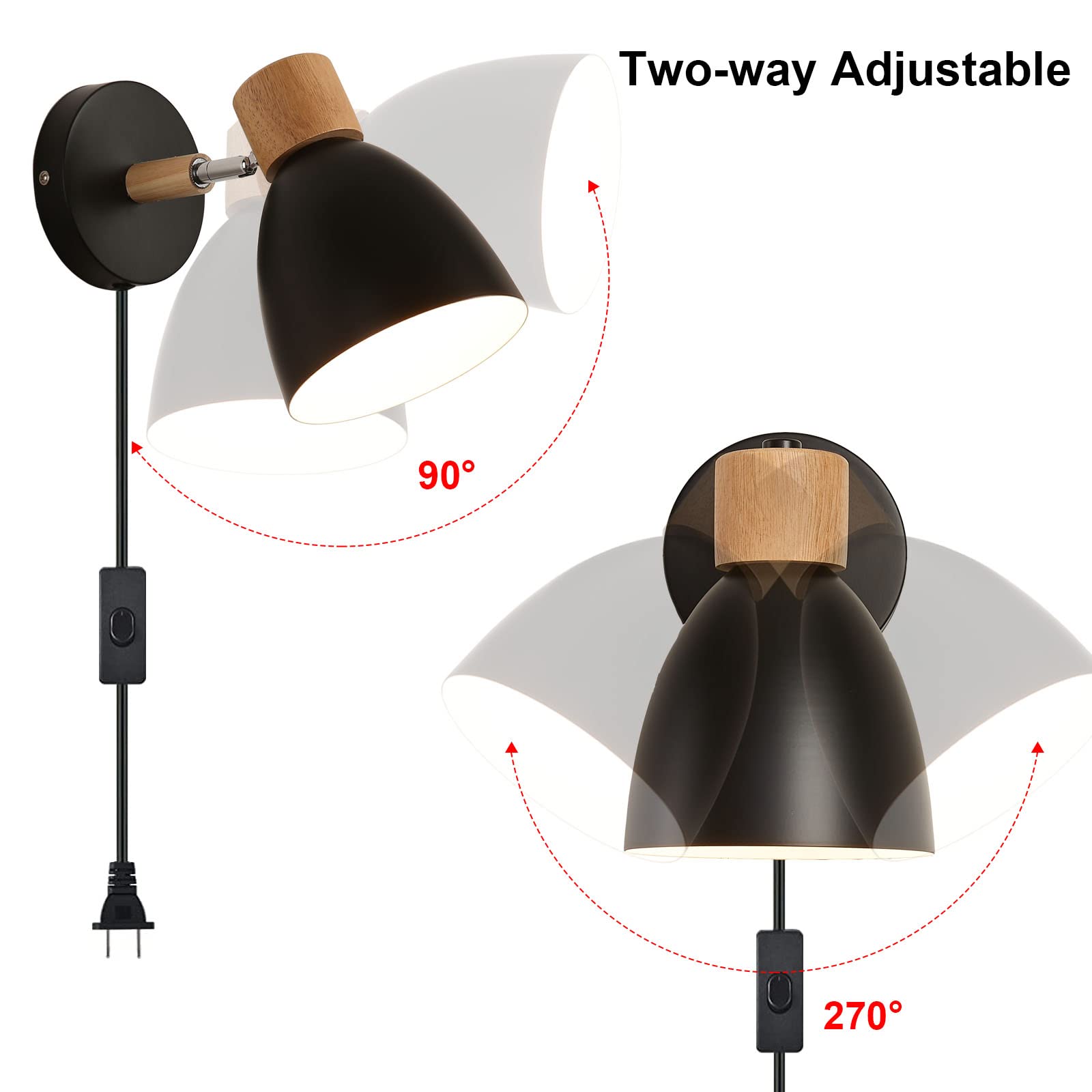 Eyooer Wall Sconces Plug In, Swing Arm Wall Lamp With Power Cord, Black Plug In Wall Lighting Fixtures Set Of Two, Bedside Wall
