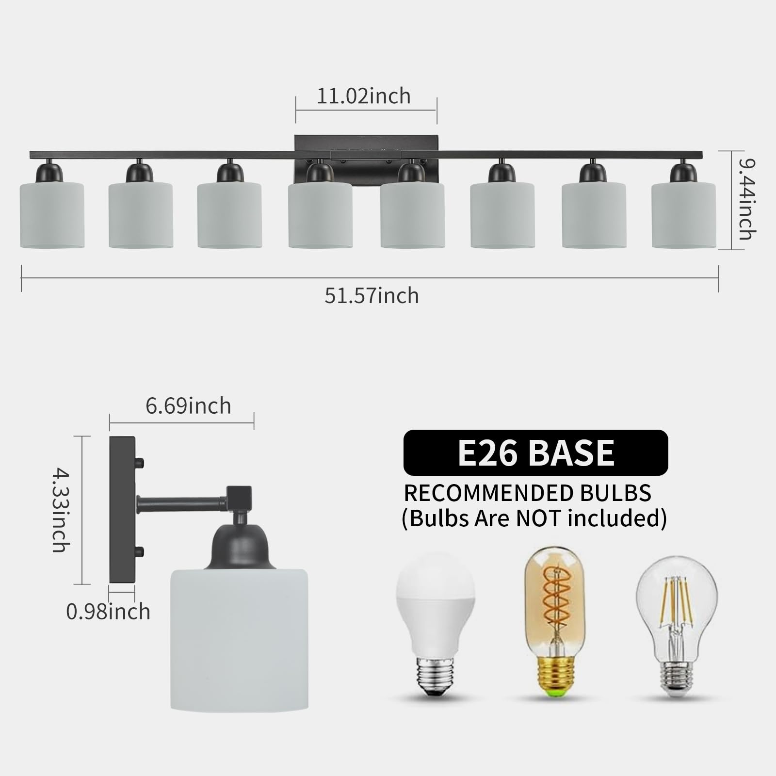 FAISHILAN 8-Light Black Bathroom Light Fixture, Modern Design with Frosted Glass Shades, 51 inch, E26 Base, Model FSL-212--NBH-8
