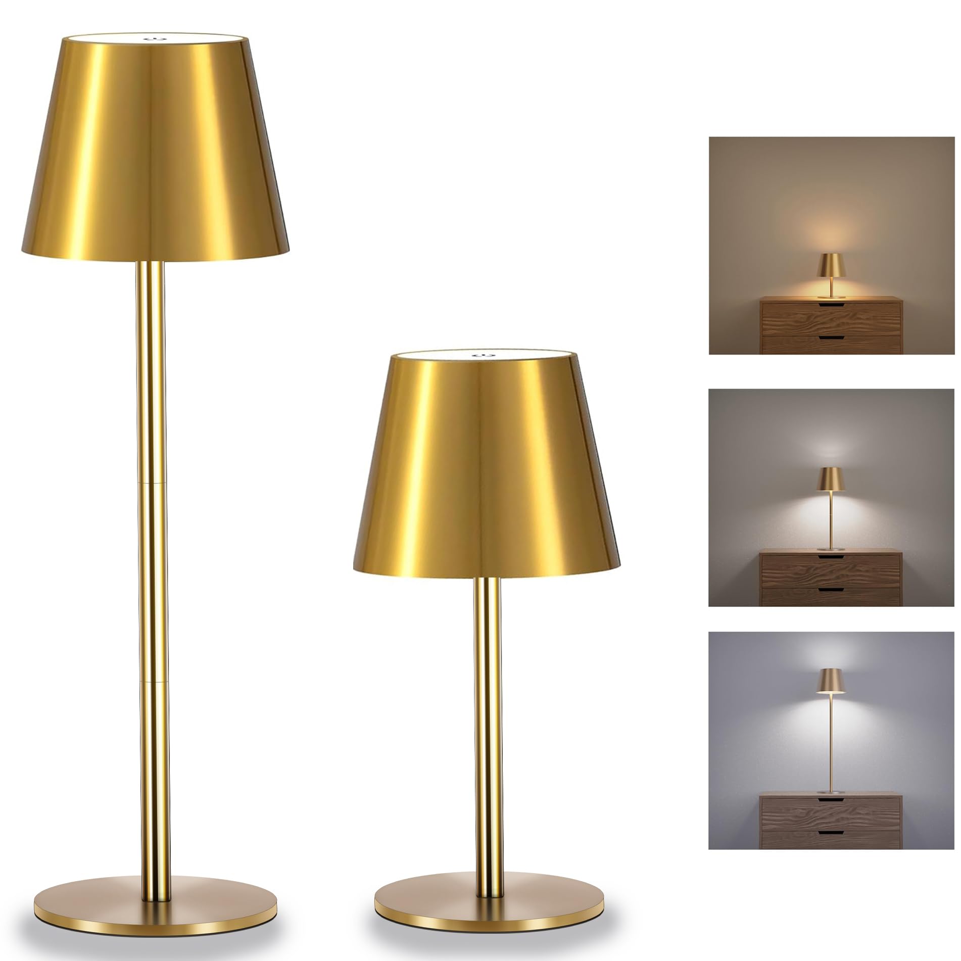 Seyxicnor 2 Pack Gold Cordless Table Lamp Rechargeable, 5400Mah Battery Metal Table Light With 3 Adjustable Heights, 3 Color Ste