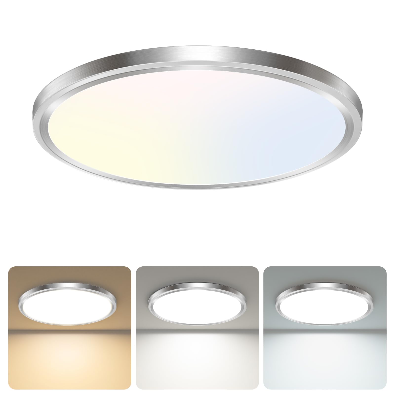 libtit Led Ceiling Light 13Inch, 24W 2400Lm Bright Light Fixture Brushed Nickel, Adjustable 3000K/4500K/6000K, Modern Slim Flat 