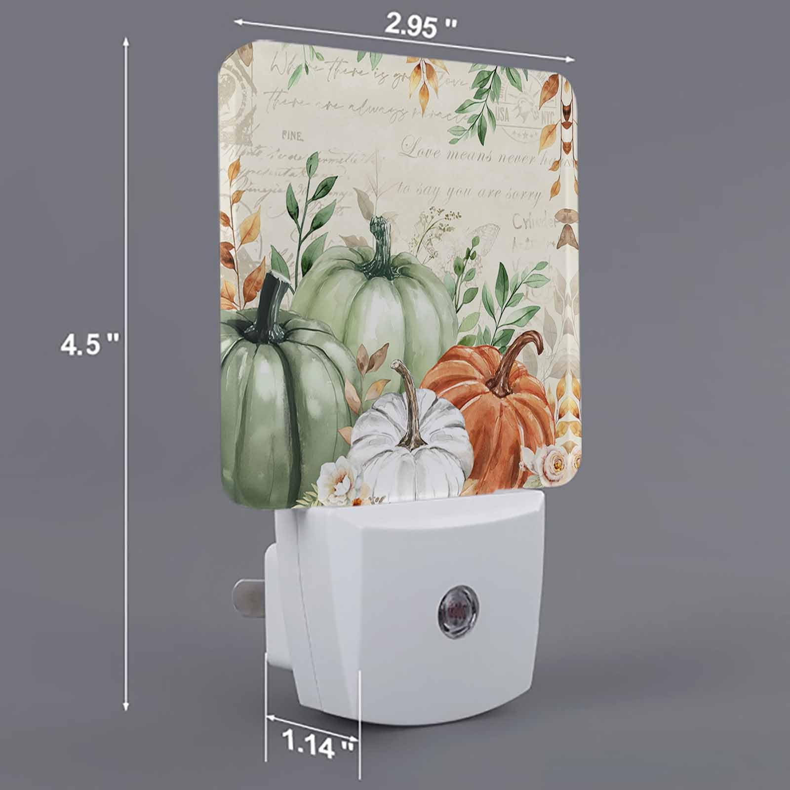 Fall Night Lights Auto Sensor Sage Green Pumpkin Plug-In Led Nightlights Dusk To Dawn For Living Room  Bedroom  Bathroom  Kitchen  Hallway  Stairways Thanksgiving Holiday  Floral Eucalyptus Leaves