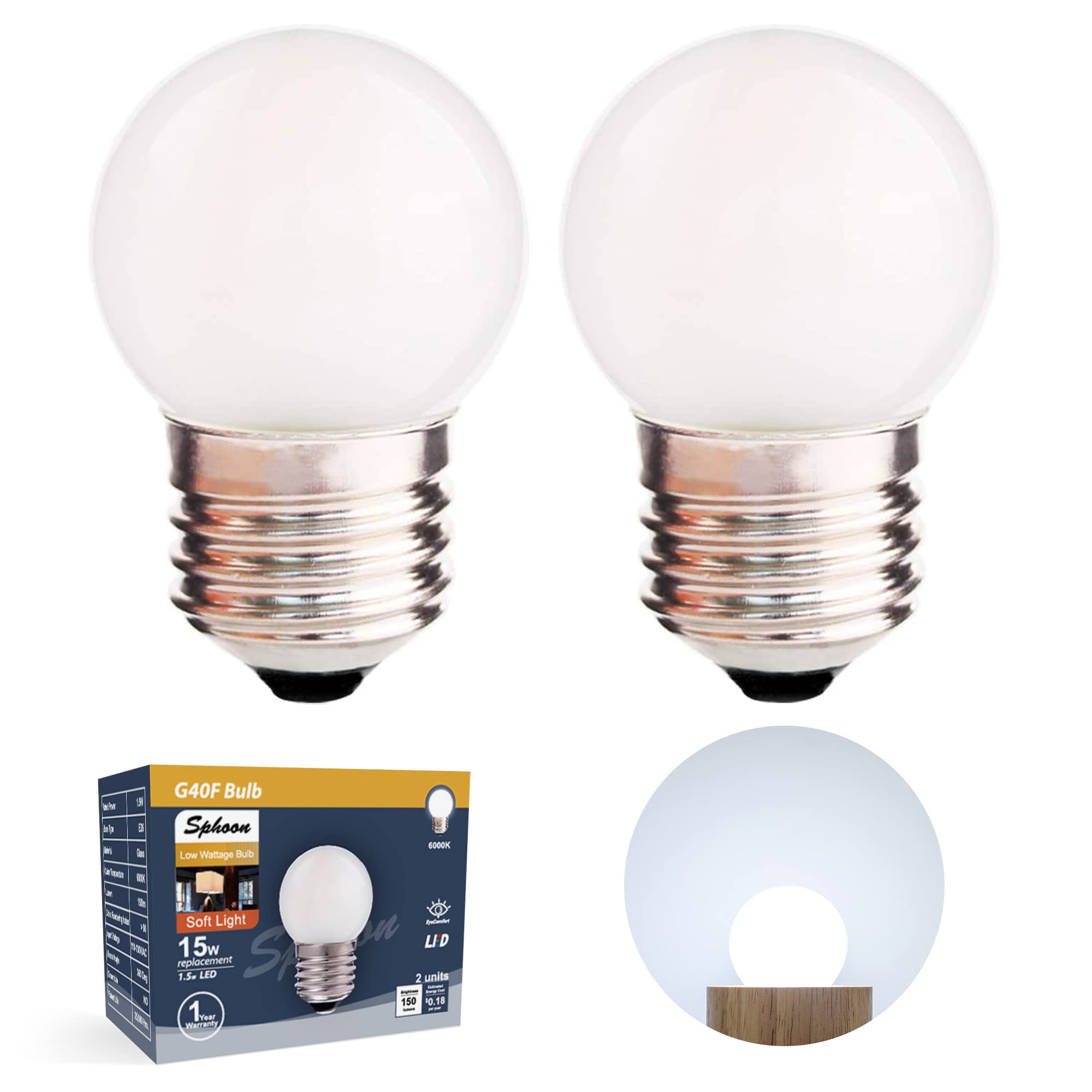Sphoon G40 LED Bulb, 1.5W Equivalent to 15W, Frosted Glass, Soft Bright White 6000K, 150lm, Pack of 2