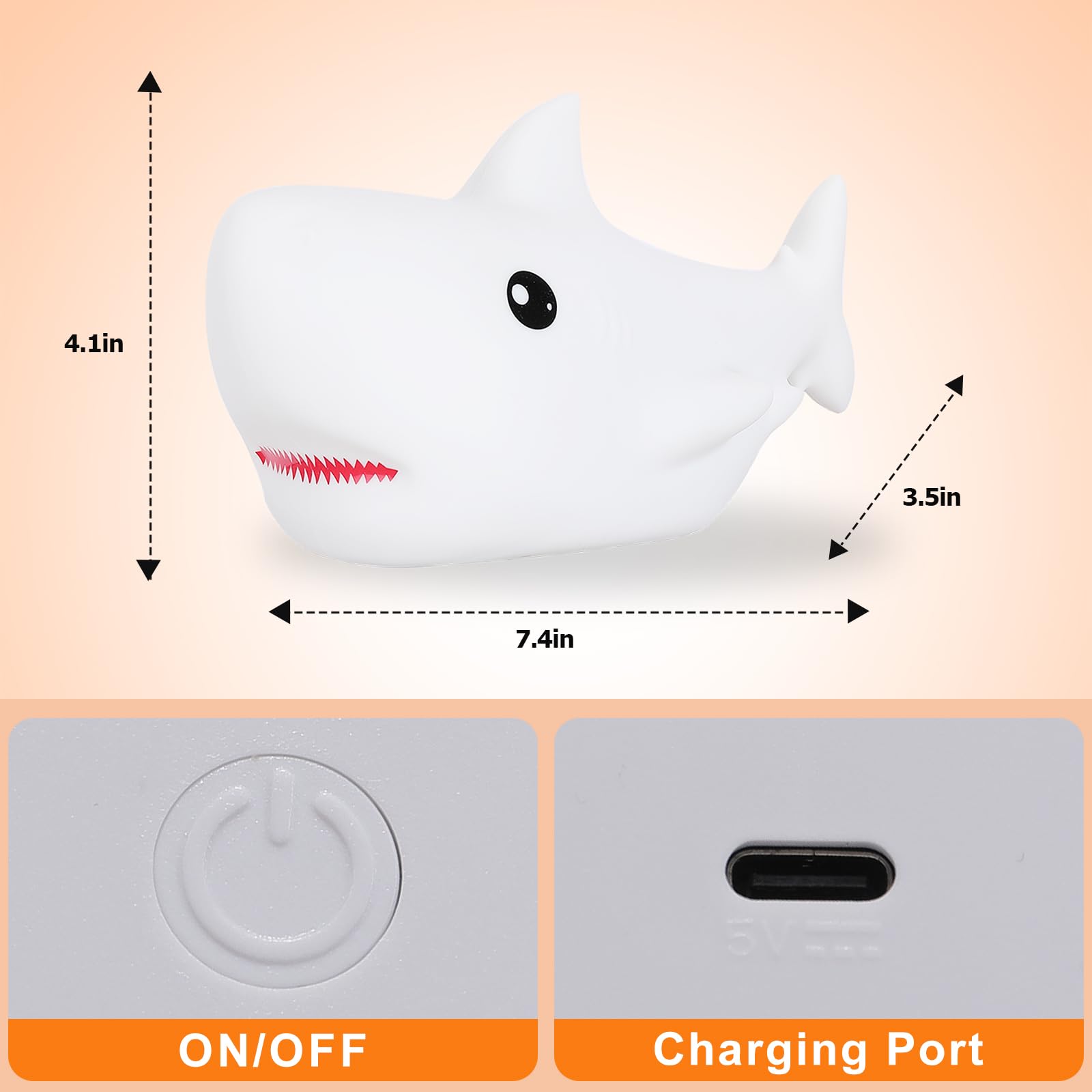 ZKLiLi Remote Shark Night Light, Portable Silicone Nightlight for Kids, 7.48" x 3.58", Light Color, Model ZKLILI-09