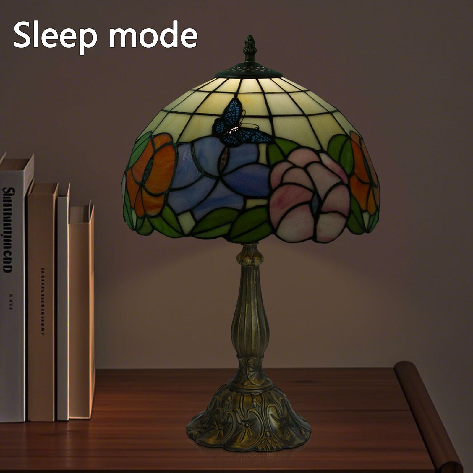 Crefotu 12 Inch Tiffany Table Lamp with Remote Control, Stepless Dimmable, Glass, Butterfly Flower, Model CFLP-0003
