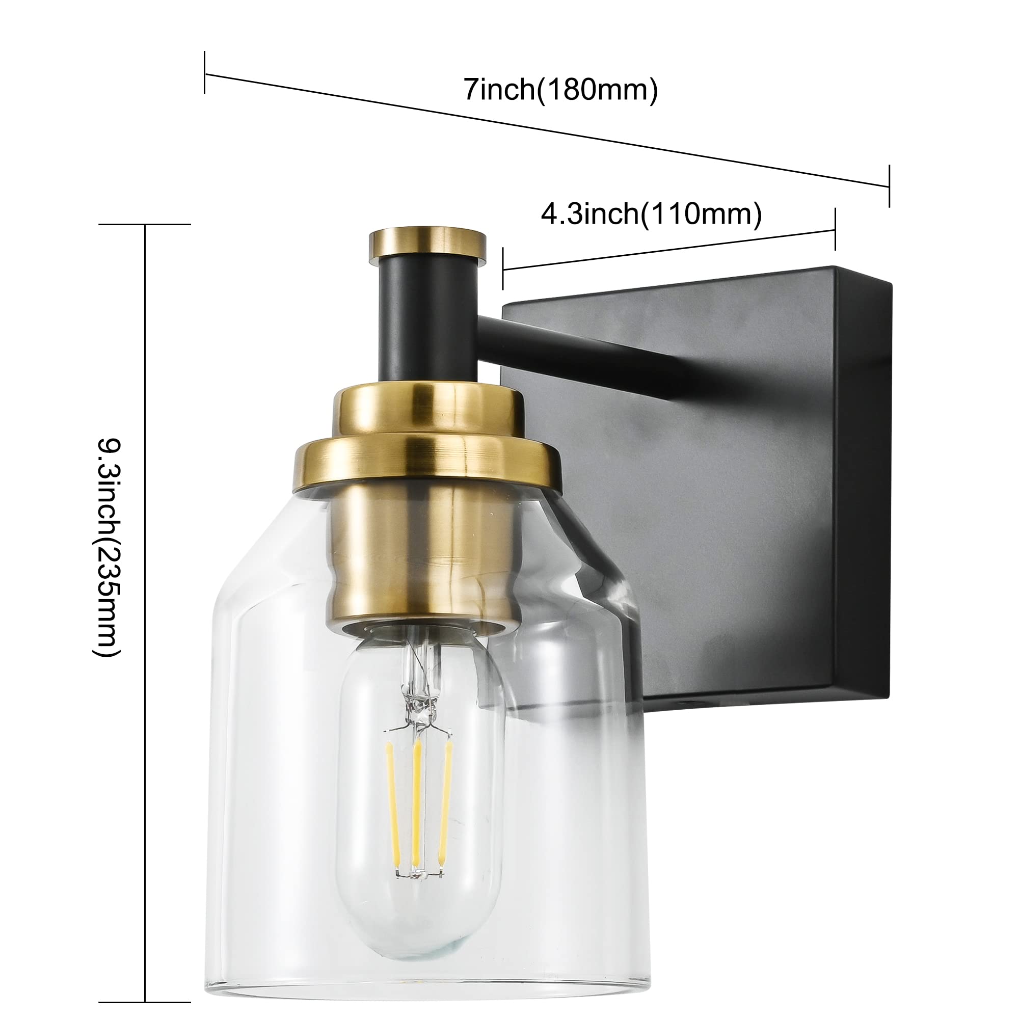 SOLFART Vintage Bathroom Light Fixture - 1 Light, Black and Brass, Glass, Model 7900, Over Mirror Vanity Lighting