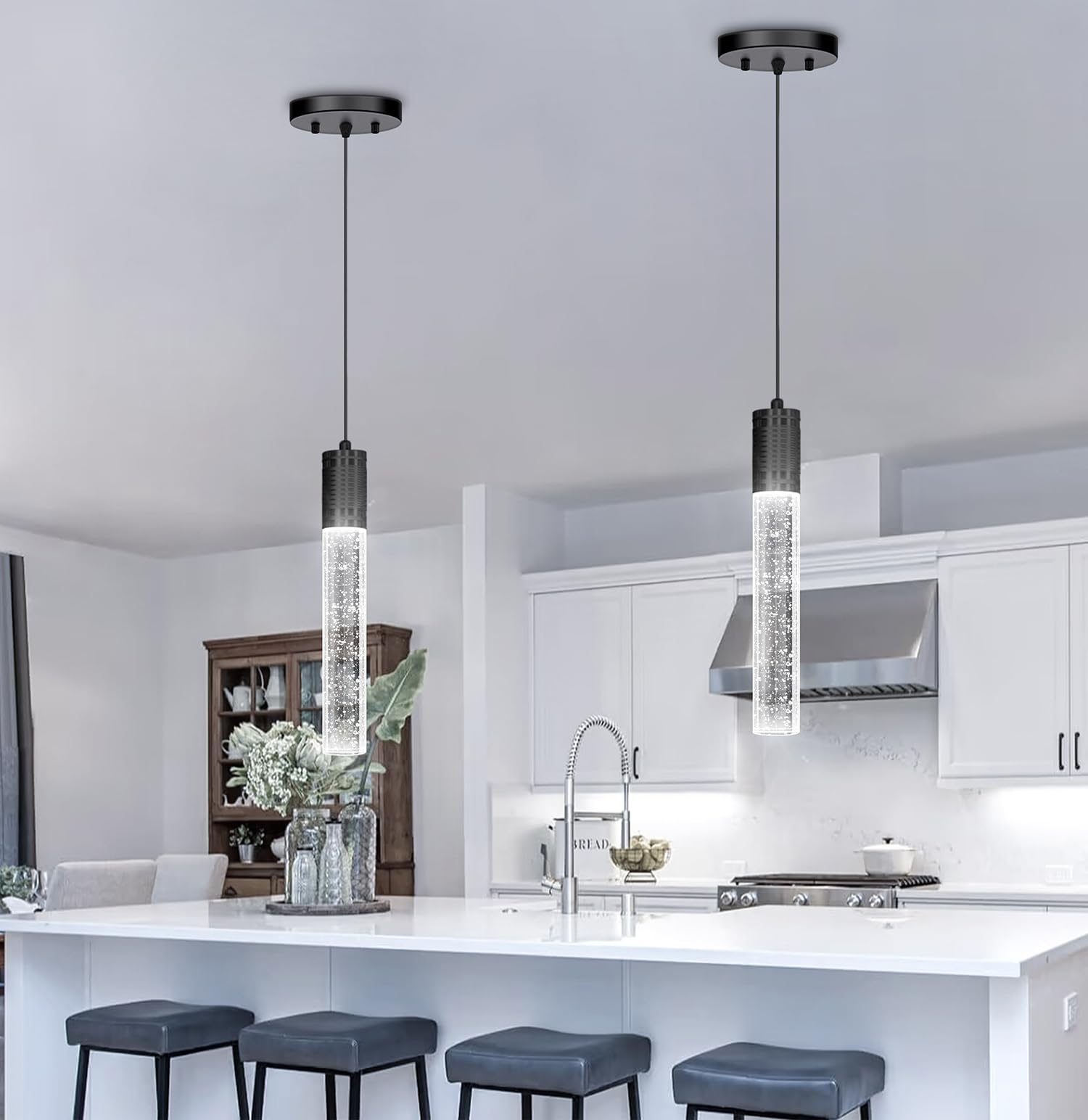 Haixiang Set Of 2 Pendant Lights For Kitchen Island  White Light  Black Crystal Linear Pendant Lighting  Bar Corner Led Light Fixture
