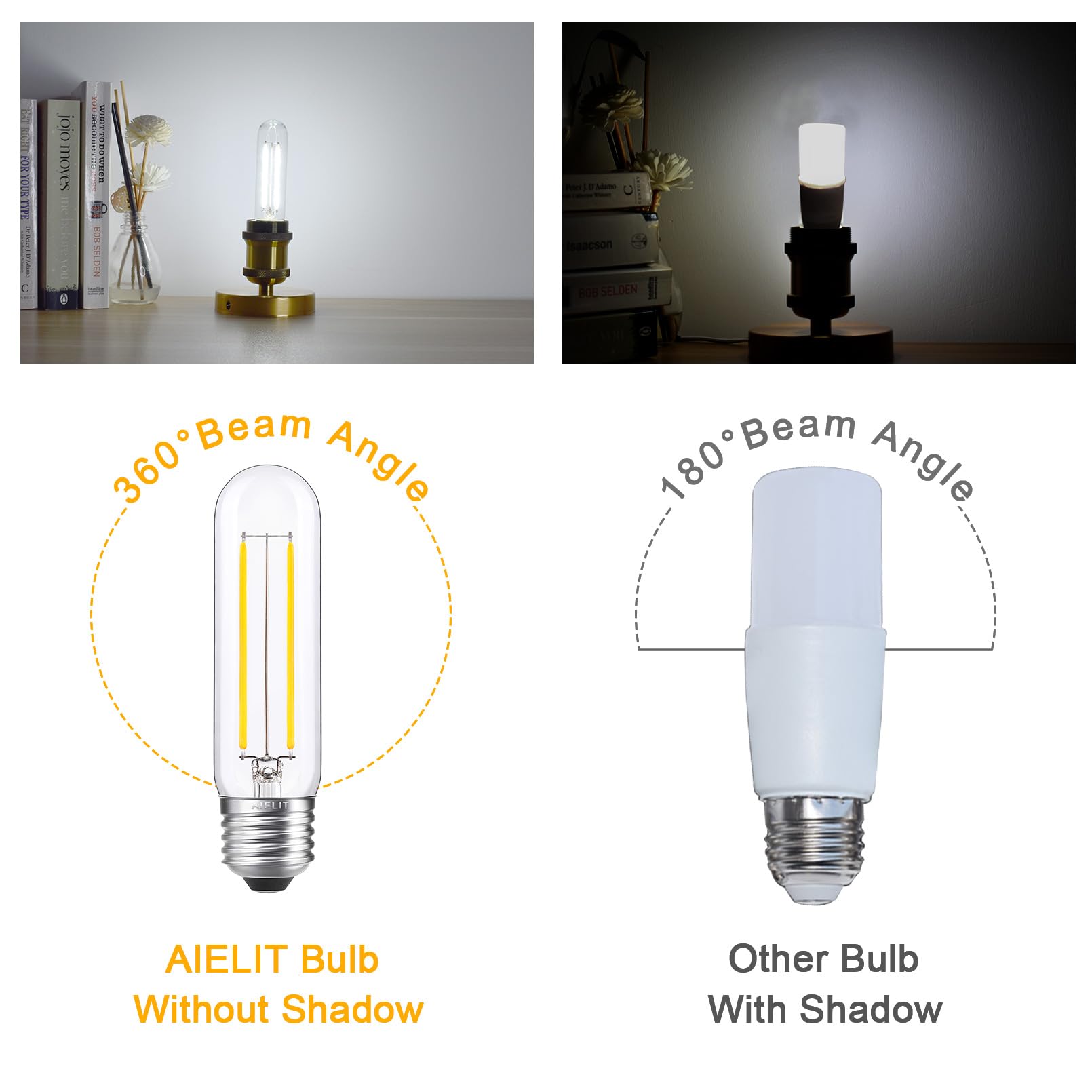 Aielit E26 Led Tubular Light Bulb 25 Watt Equivalent, Bright White 5000K, 200 Lumens, 2W Daylight Dimmablet10/T30 Edison Led Fil
