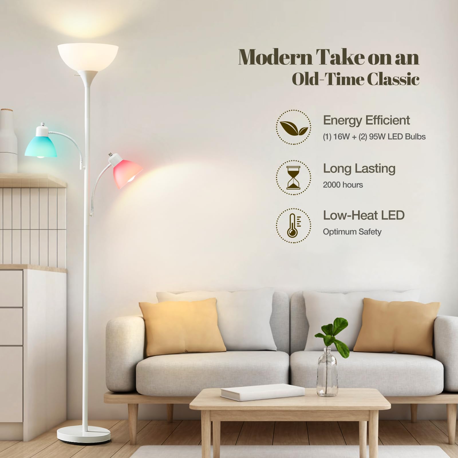 Luvkczc White Floor Lamp, 72'' Tall Standing Floor Lamp With 5 Replace Lampshades, Torchiere Lamps With 8W Adjustable Reading Li