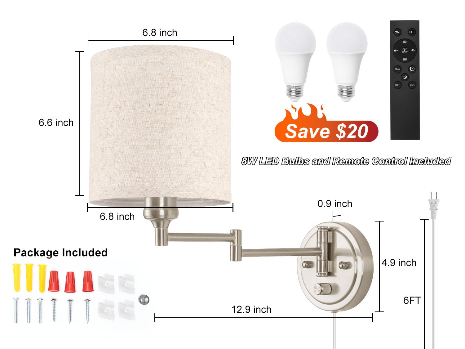 GOODATE Plug-in Wall Sconces with Remote Control, Dimming, Adjustable Colors, Brushed Nickel & Linen, Set of Two, Model BZ-YK