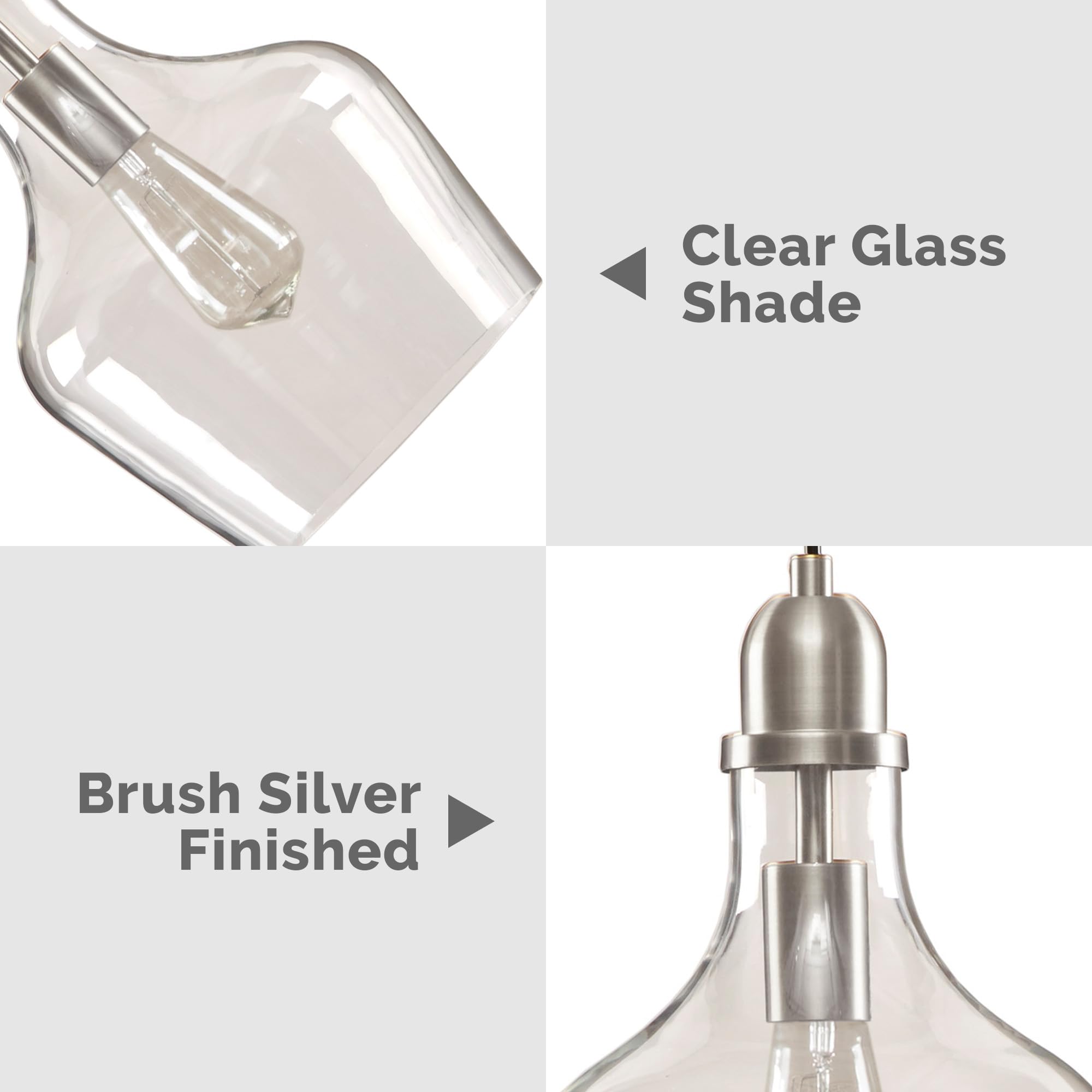 Hampton Hill Auburn Pendant Kitchen Lighting For Dining Room, Industrial Kitchen Lights, Hand-Blown Glass Bell Shaped Pendant Light For Kitchen Island, Foyer, Bedroom, 9&quot; Dia X 95.5&quot; H, Silver/Clear