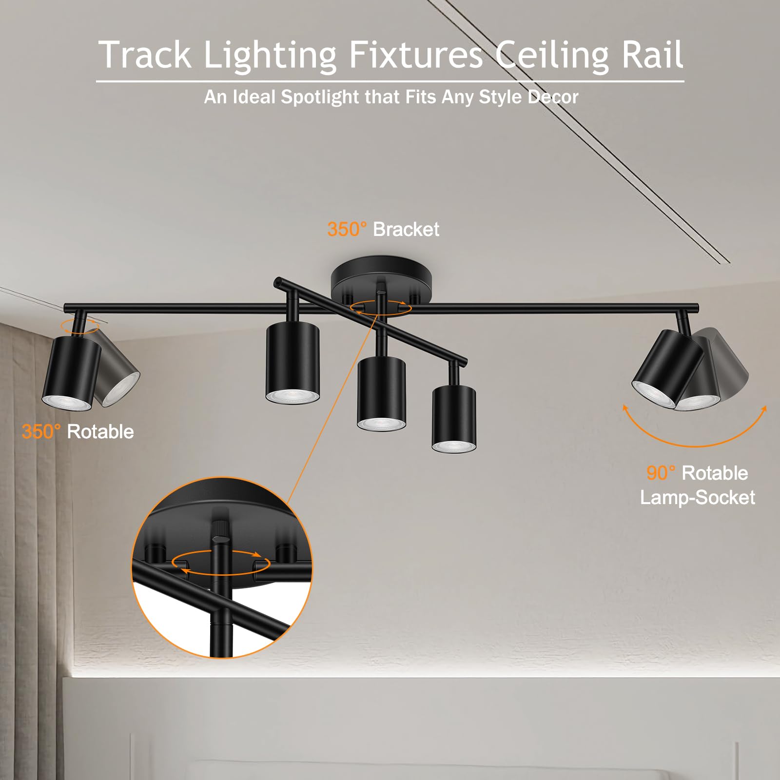 Boostarea 5 Light Track Lighting Kit, Black 5 Way Ceiling Spot Lighting, Center Swivel Track Light Heads, Flexibly Rotatable Lig