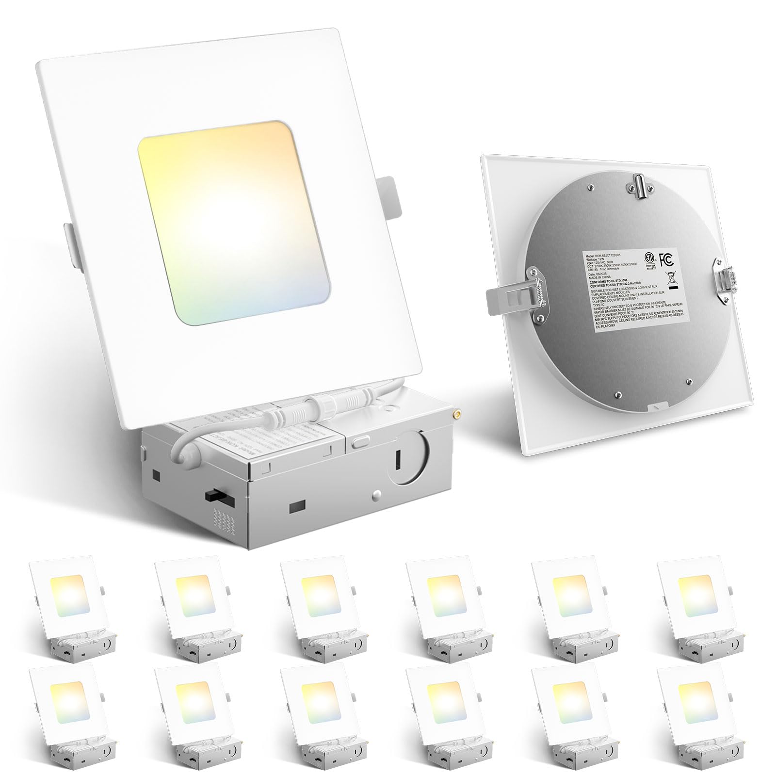Amico 12 Pack 4 Inch Ultra-Thin LED Square Recessed Light with Junction Box, 5CCT 2700K/3000K/3500K/4000K/5000K Selectable, 700L