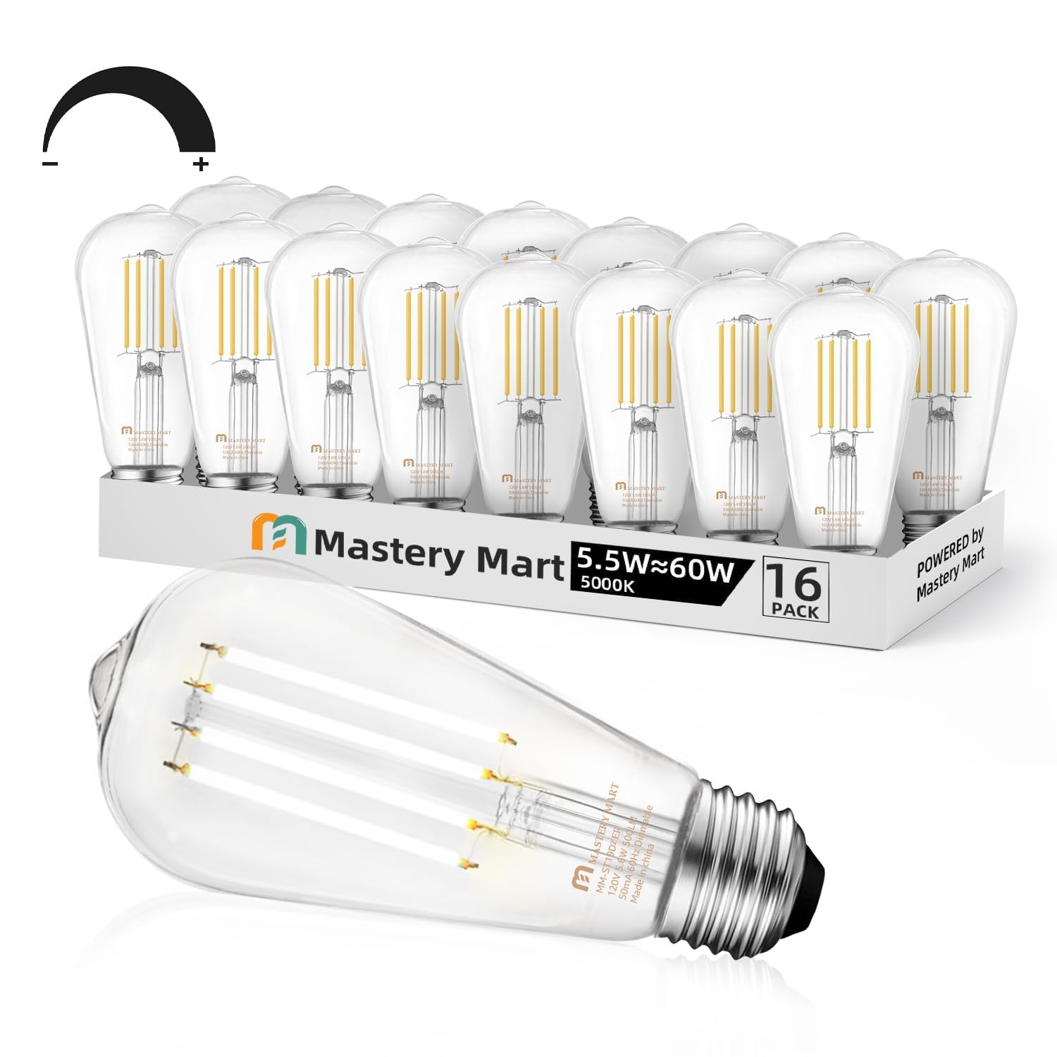 MASTERY MART Vintage Edison Bulbs, E26 Dimmable 5.5W, 5000K Daylight White, Clear Glass, 16 Pack, Model MM-ST19
