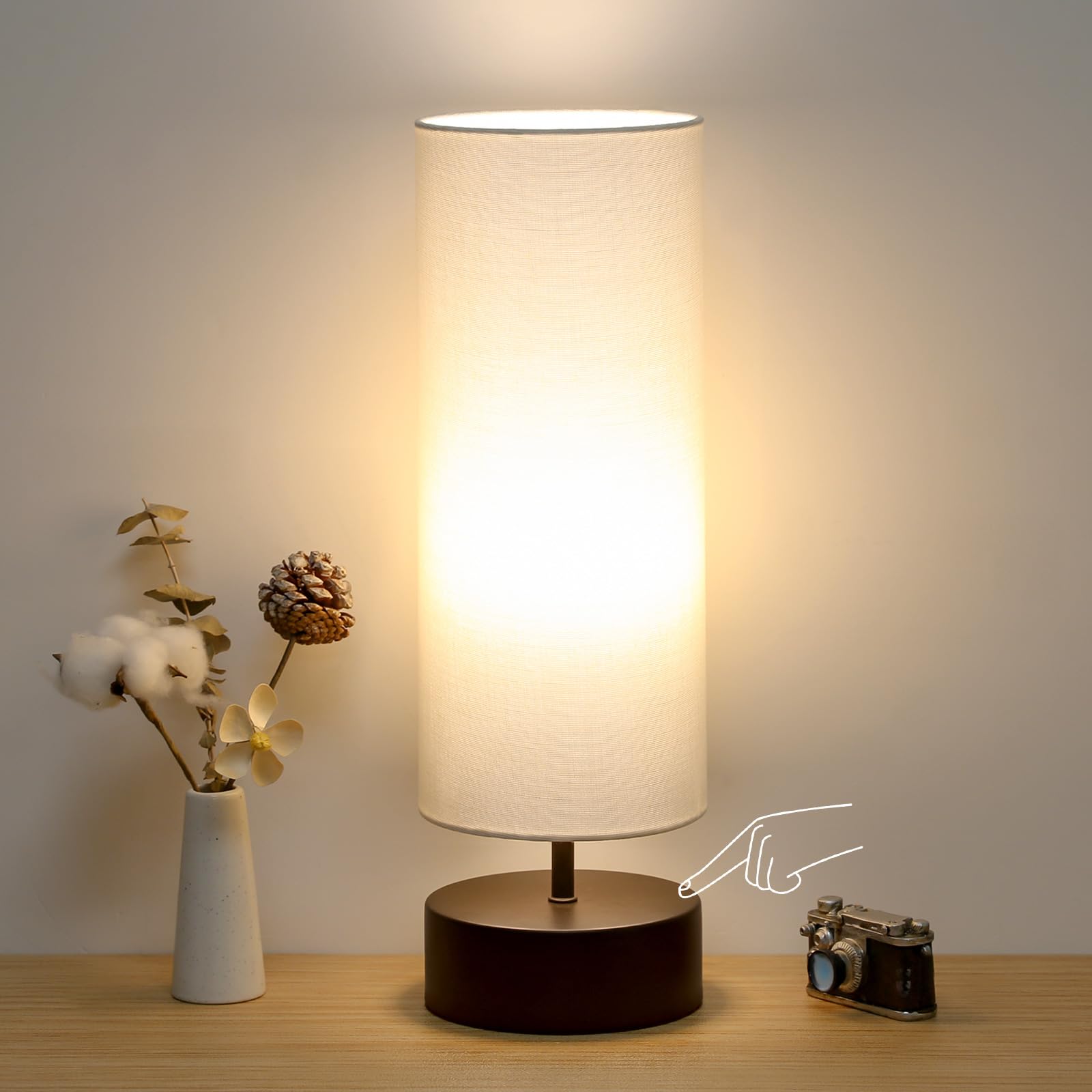 3 Way Dimmable Touch Control Table Lamp, Bedside Table Lamp with Dark Brown Base, Modern Nightstand Lamp with Beige Shade, Simpl