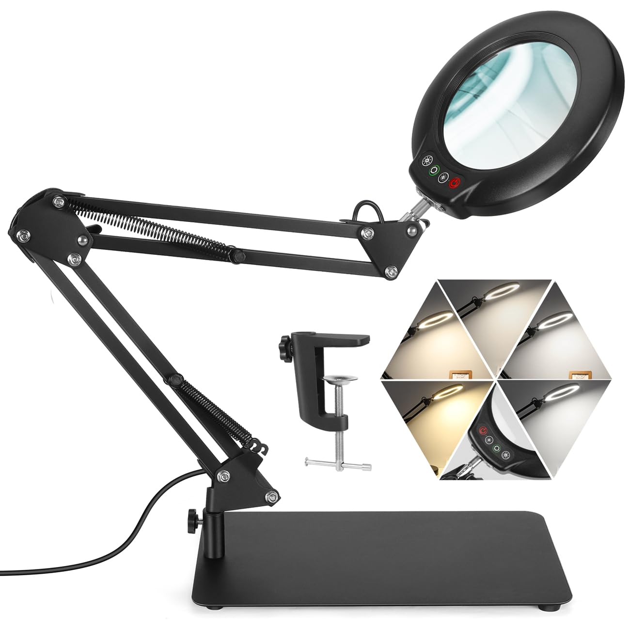 Veemagni 10X Magnifying Glass with Light, 5 Color Modes, Stepless Dimmable, Square Base, Black, Model FX92