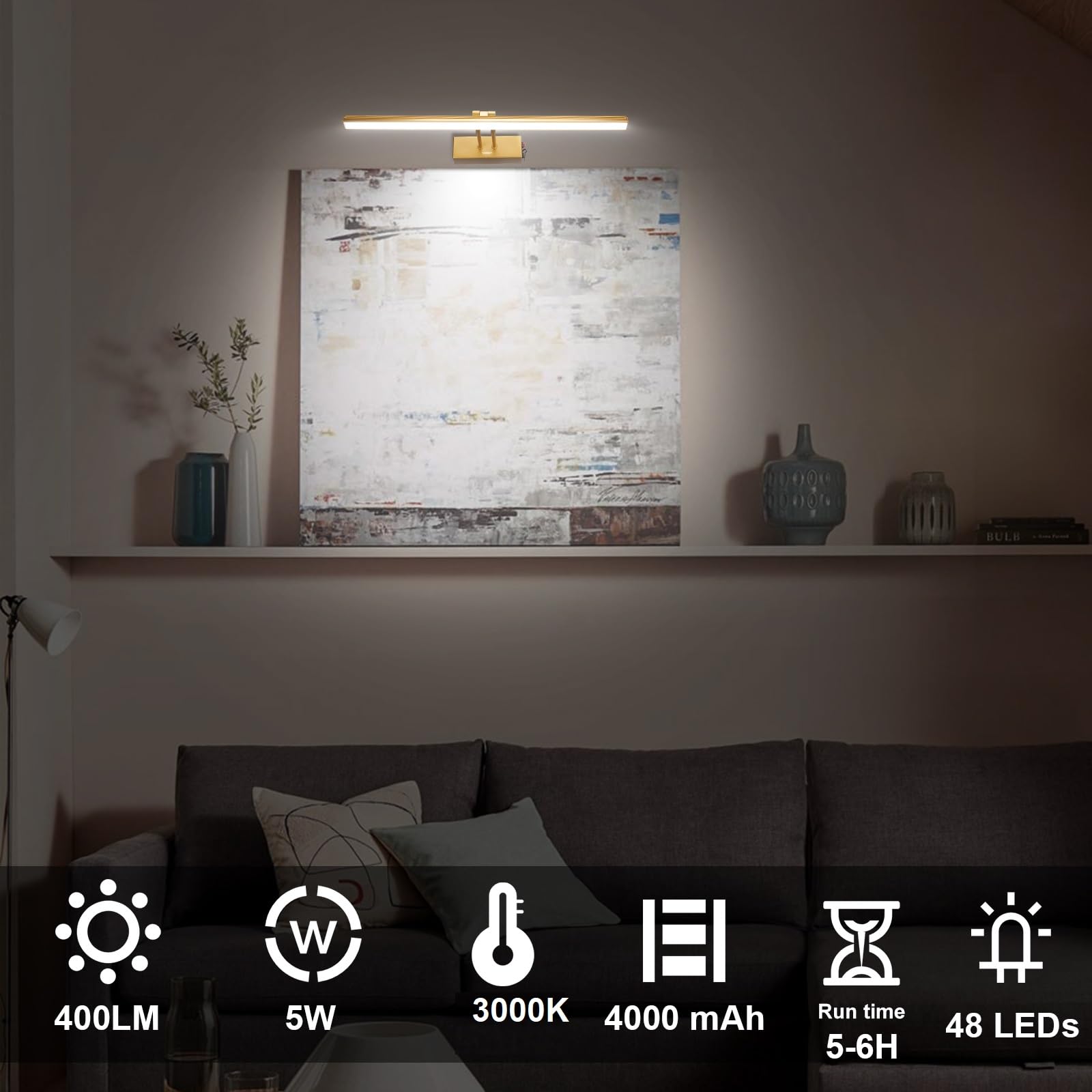FUNCHDAY Picture Light, Wireless Battery Operated 17in Brass Art Light with Remote Control and Timer, Model FC70178