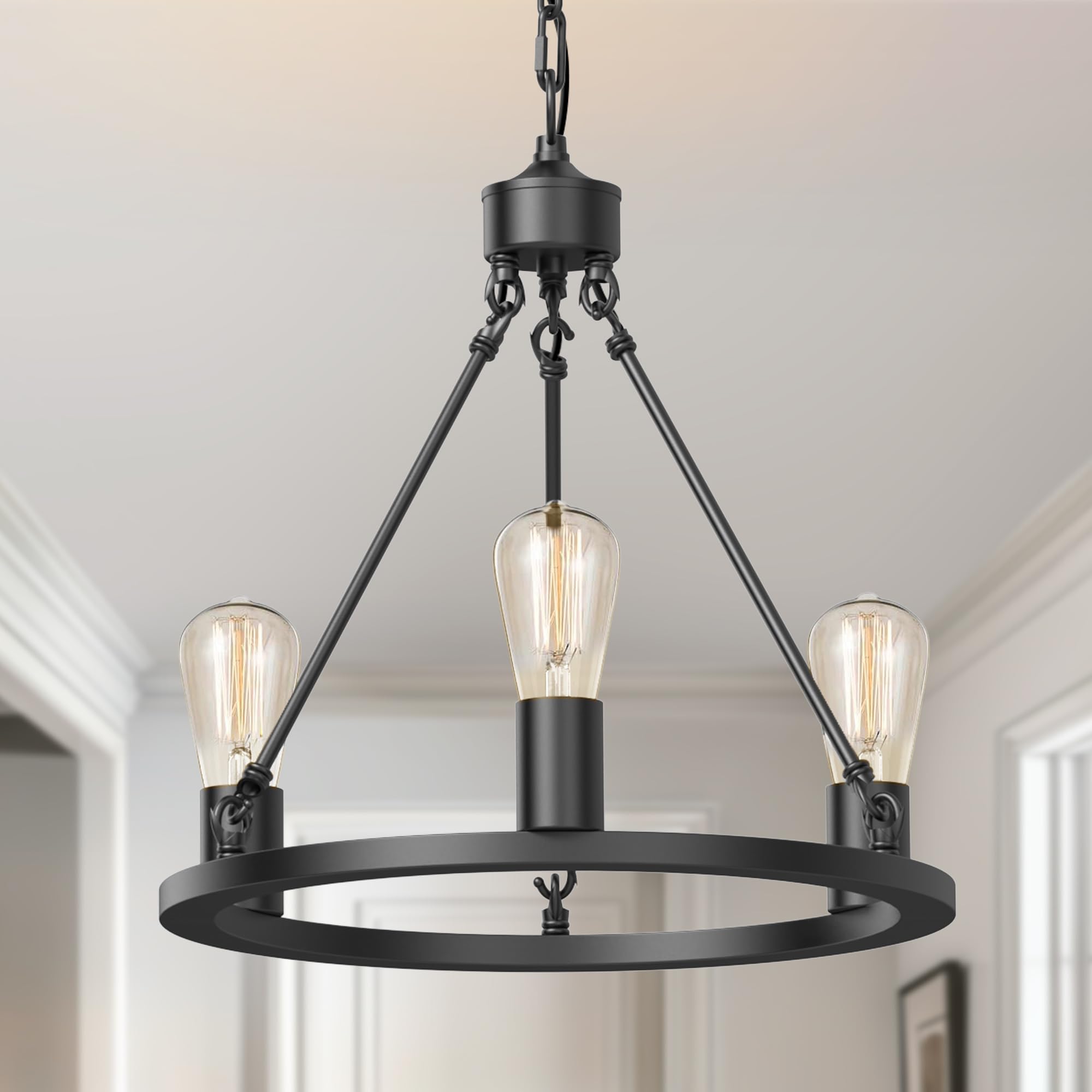 L Lohas Led Black Farmhouse Chandeliers For Dining Room, 3-Light Wagon Wheel Chandelier Over Table, Height Adjustable, 16'' Dini