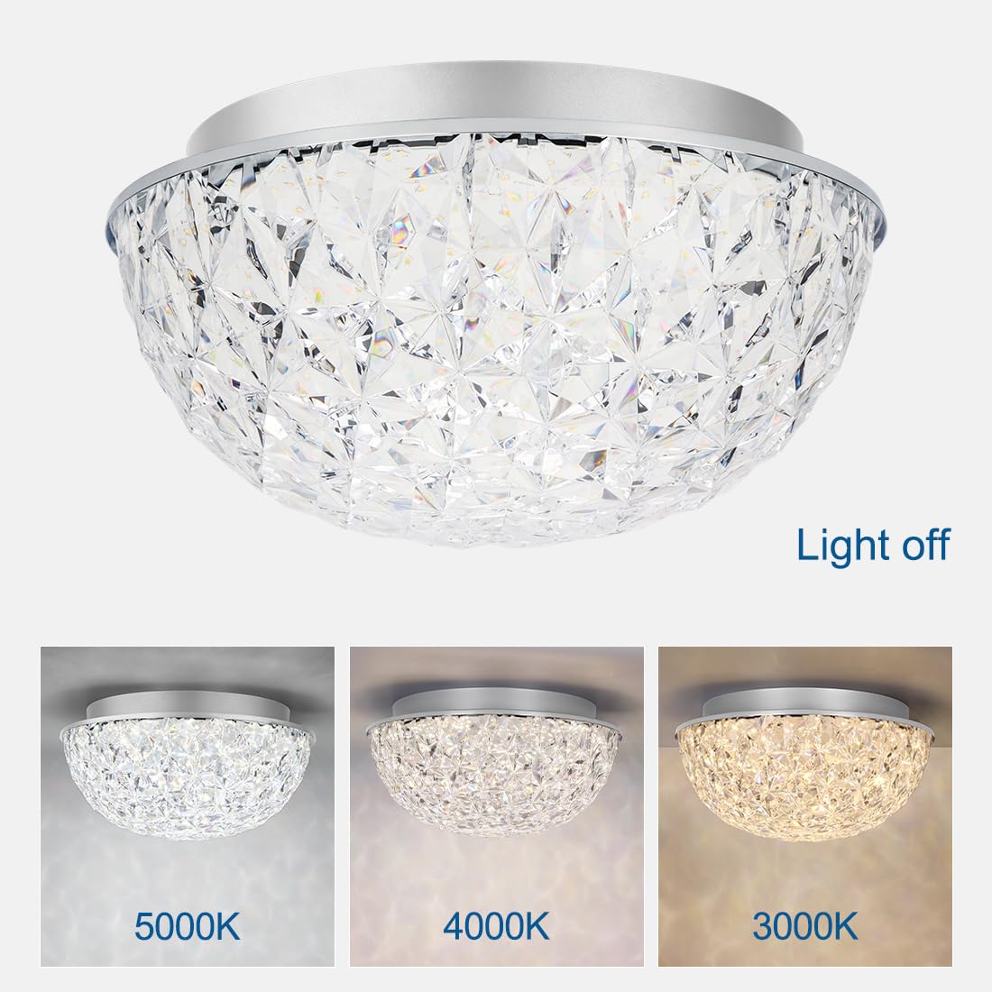 DAKASON LED Ceiling Light Fixture, 15W 1640LM, Dimmable, Chrome, Modern Crystal Chandelier for Kitchen, Hallway, Living Room, Model DKS-LCL103