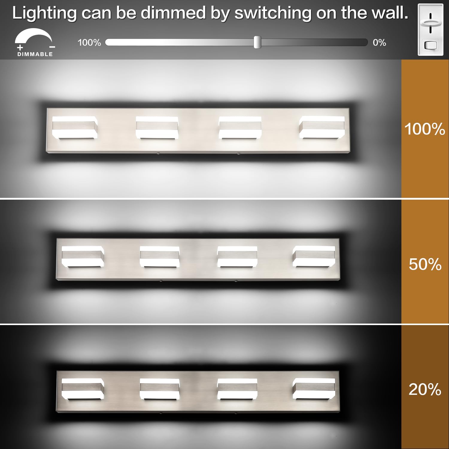 SOLFART Bathroom Vanity Lights Brushed Nickel 4-Light LED Fixture 29.5 inch Model S8568-4T-6000K-Nickel