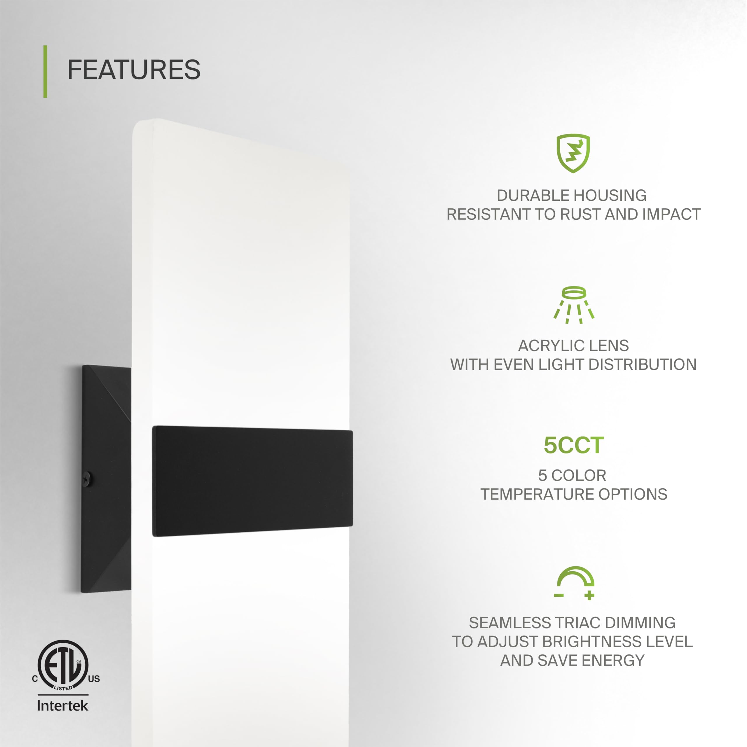 ASD LED Wall Sconce - 14 Inch, Dimmable, Adjustable 2700K-5000K, Matte Black, Durable Alloy Aluminum, Model A-LWS12-14D24