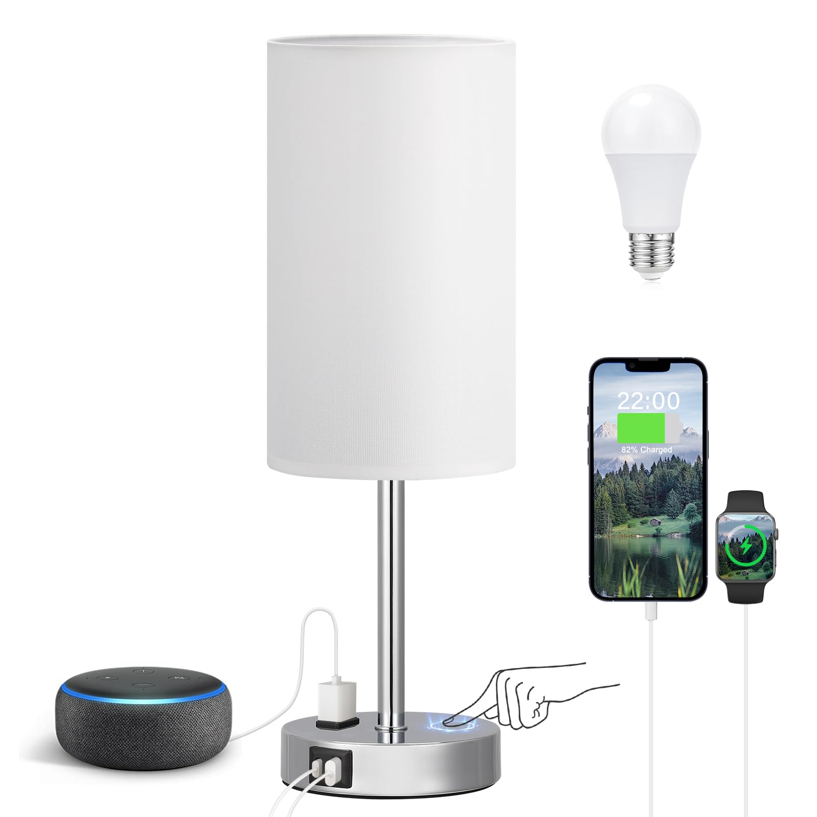 Fenmzee Touch Bedside Lamp - White, 3-Way Dimmable, USB A + C Charging, AC Outlet, 17.4inch Medium