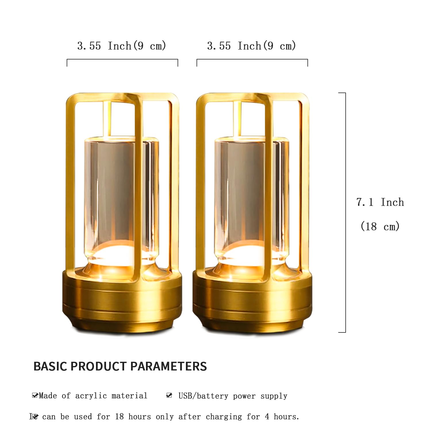 Kipliko Cordless Table Lamp Set of 2, Touch Sensor, Rechargeable LED, Acrylic, Gold, Model CLL-3C2P-001, Large