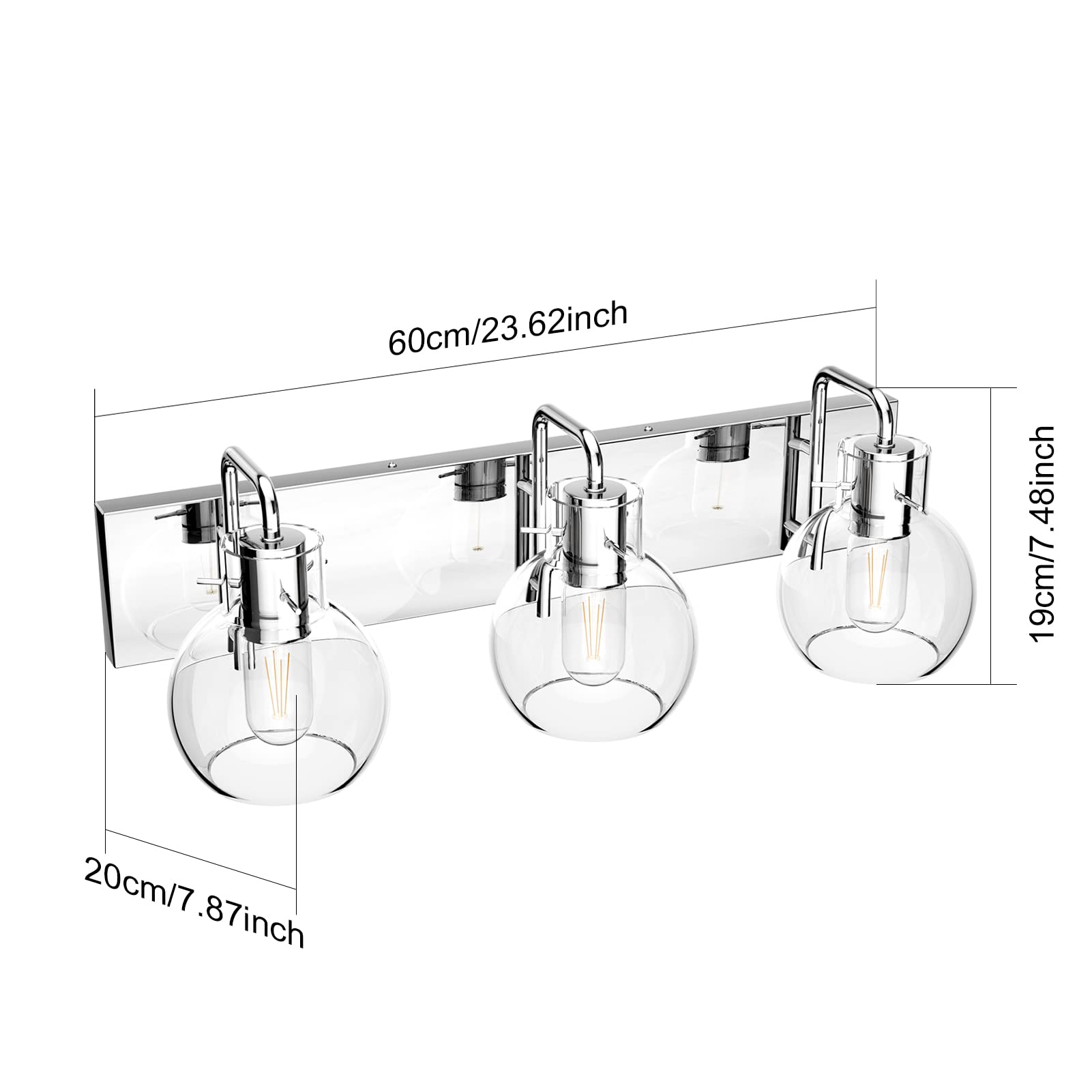 Tipace 3-Light Bathroom Vanity Lighting Fixtures, Chrome Finish, Glass Globe, Model L-7491, Industrial Farmhouse Style