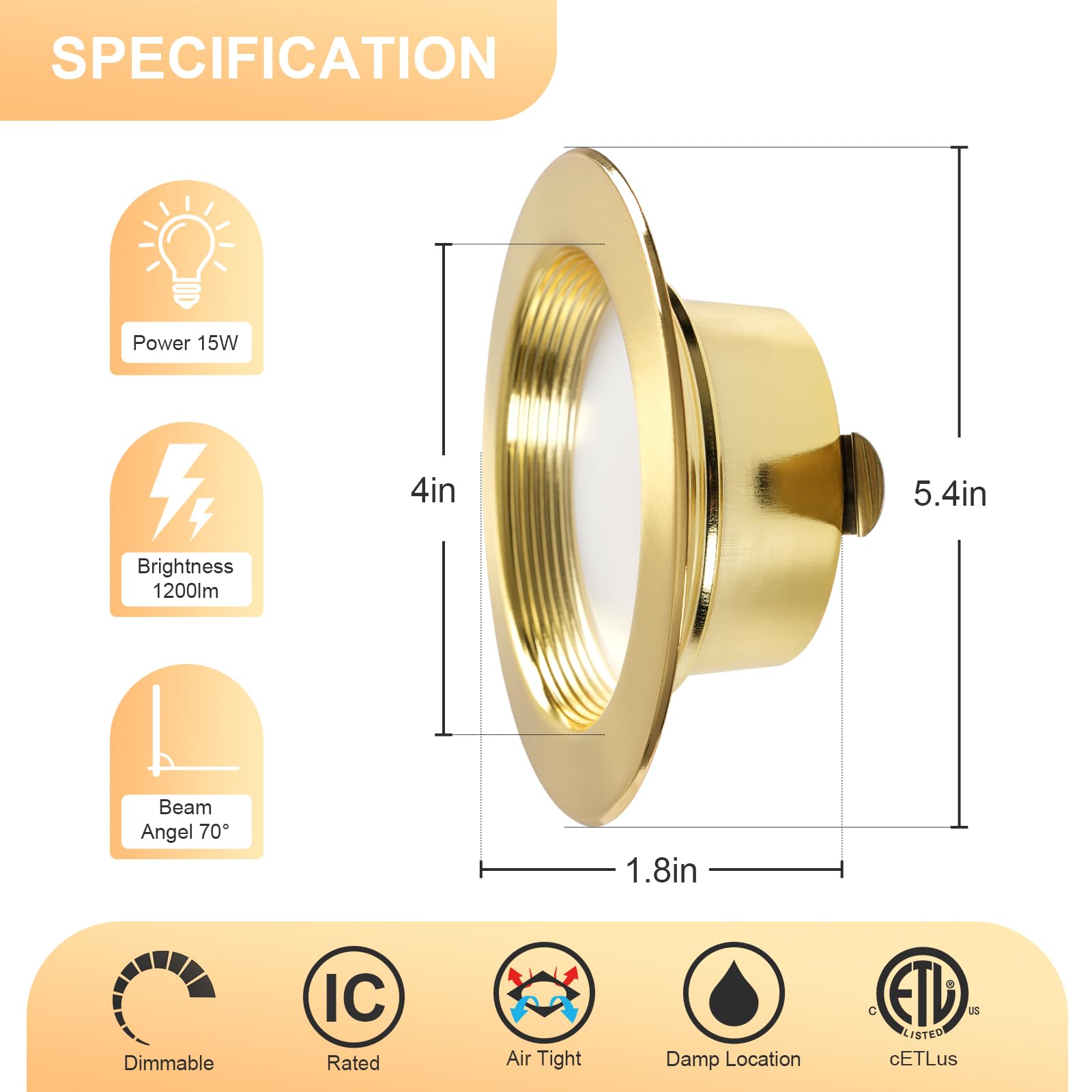 ZYC 4 Inch Gold Dimmable LED Retrofit Downlights, 12 Pack, 2700K-6000K Selectable, Damp Rated, Model MG4
