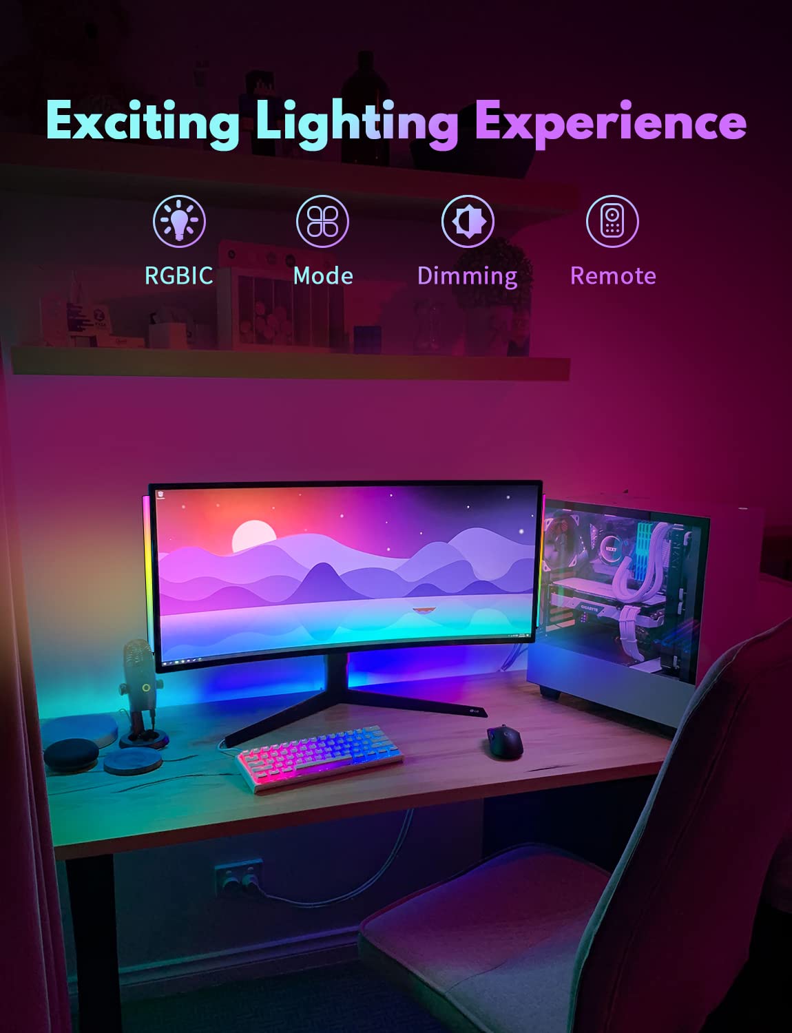 JUSJUBR RGB Under Monitor Light Bar, 2pcs x 12 inch, Aluminum, 353 Color Modes, Black, Remote Control, Gaming Setup Lights