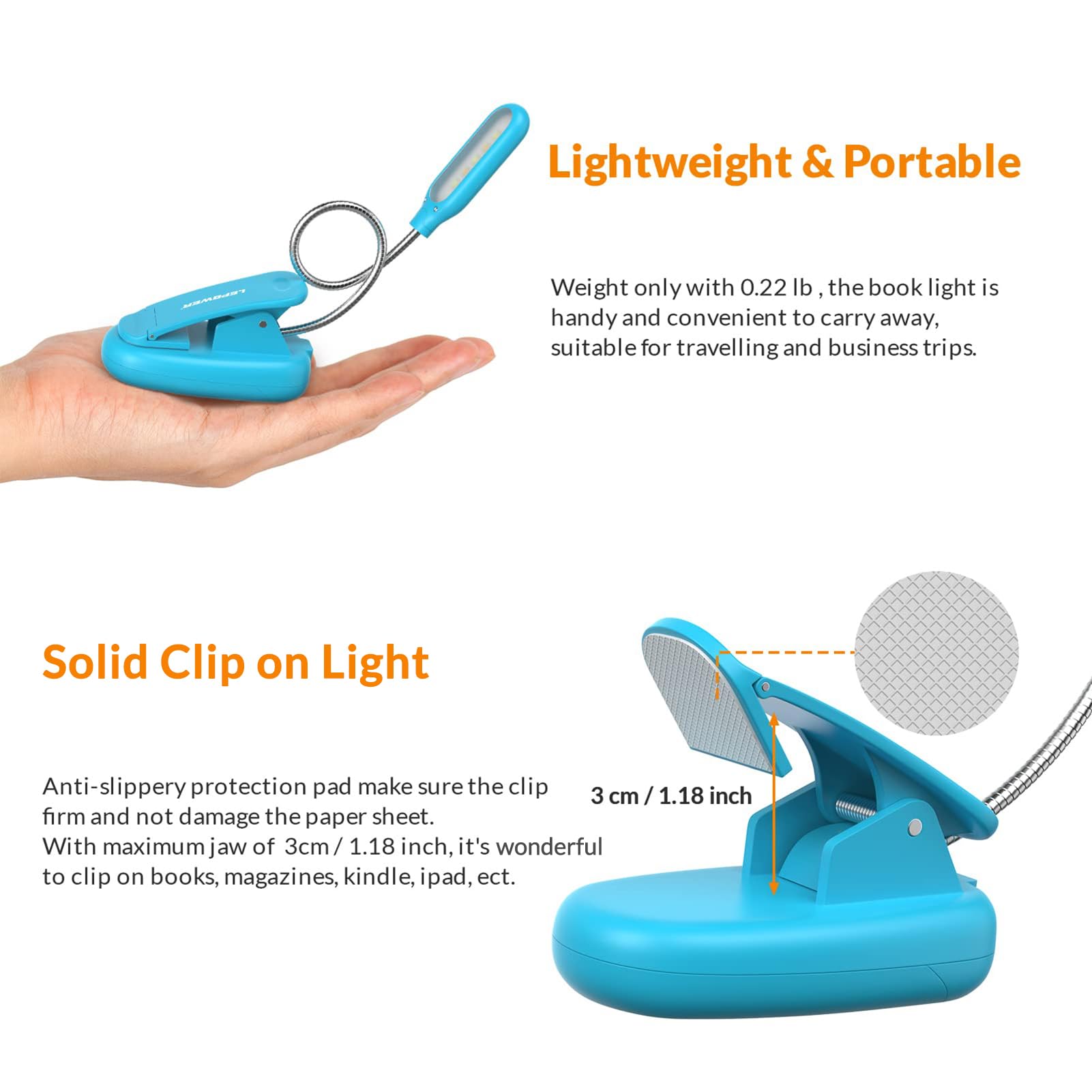 Lepower Clip On Book Light/Reading Light/Clip Light With 5 Led Eye Care, 3 Color Changeable, Portable Reading Lamp, Battery Oper