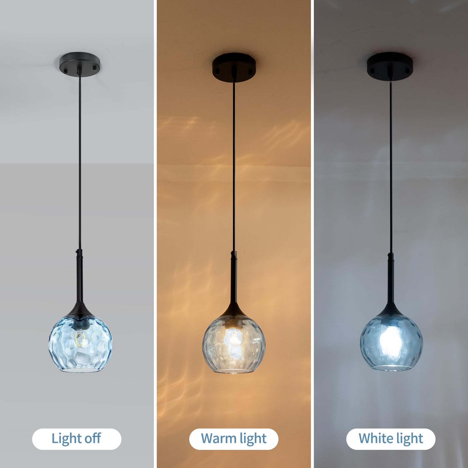 JHLBYL Blue Glass Pendant Light, Modern Hanging Fixture, 1-Light, Metal, EL-HGPL-BL-01