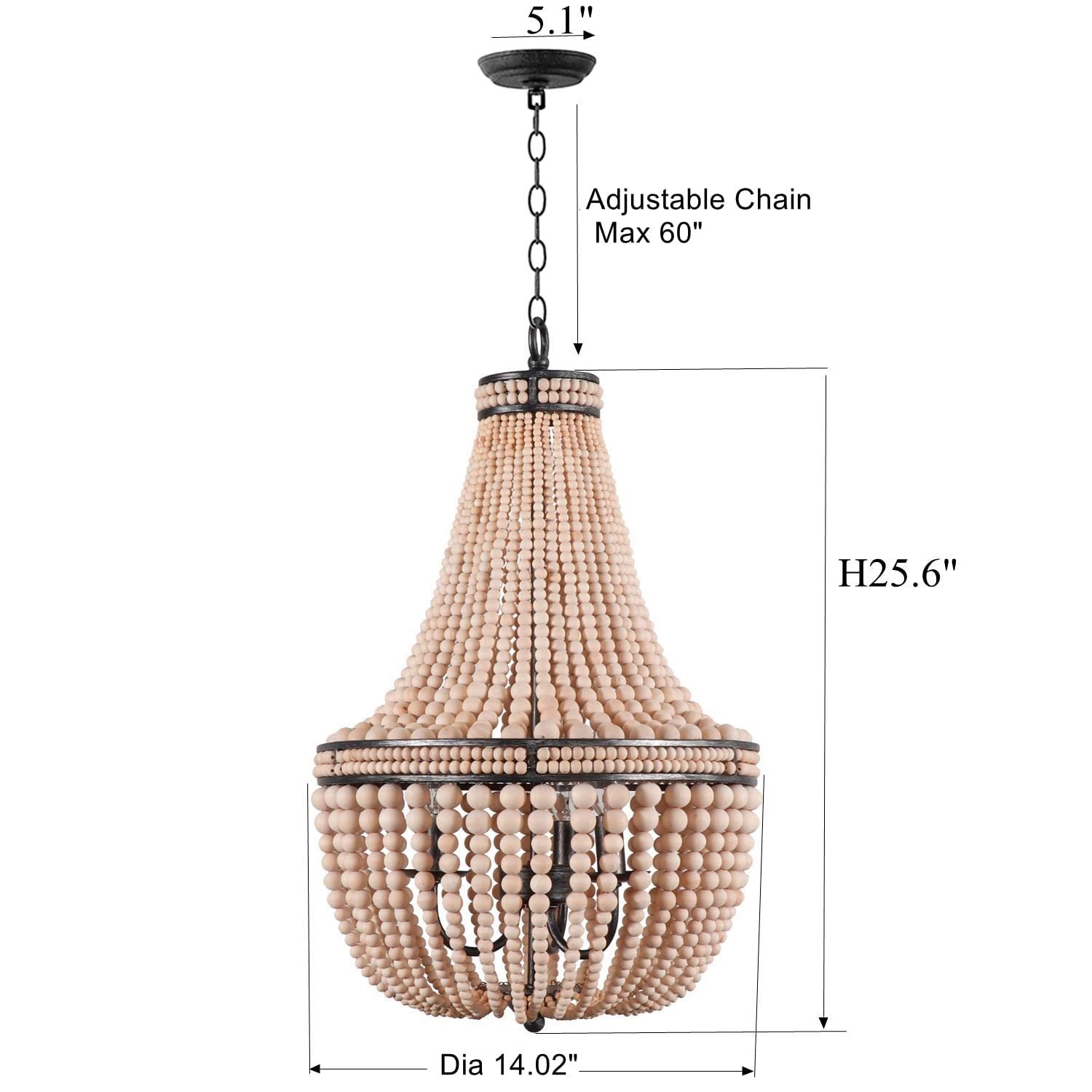 DOCHEER Wood Beaded Chandelier, 3-Light Pendant Fixture, Oak White, 14.02in Diameter, Rustic Boho Light for Dining Room, Living Room, Entryway
