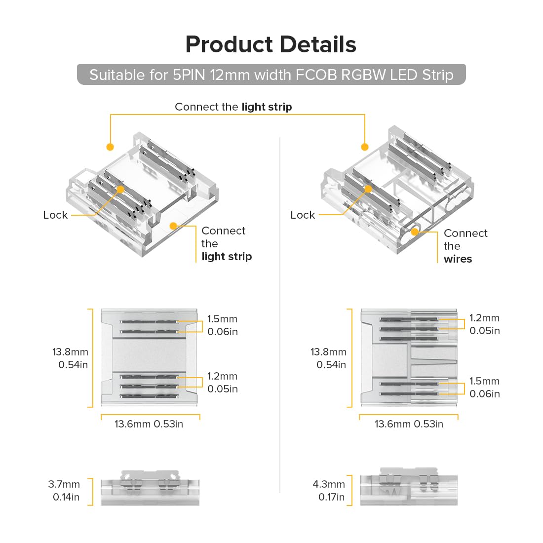 Btf-Lighting Fcob 5Pin 12Mm 0.47In Transparent Connector Kit 30Pcs Strip To Wire 30Pcs Gapless Solderless Connectors 10Pcs 5.9In