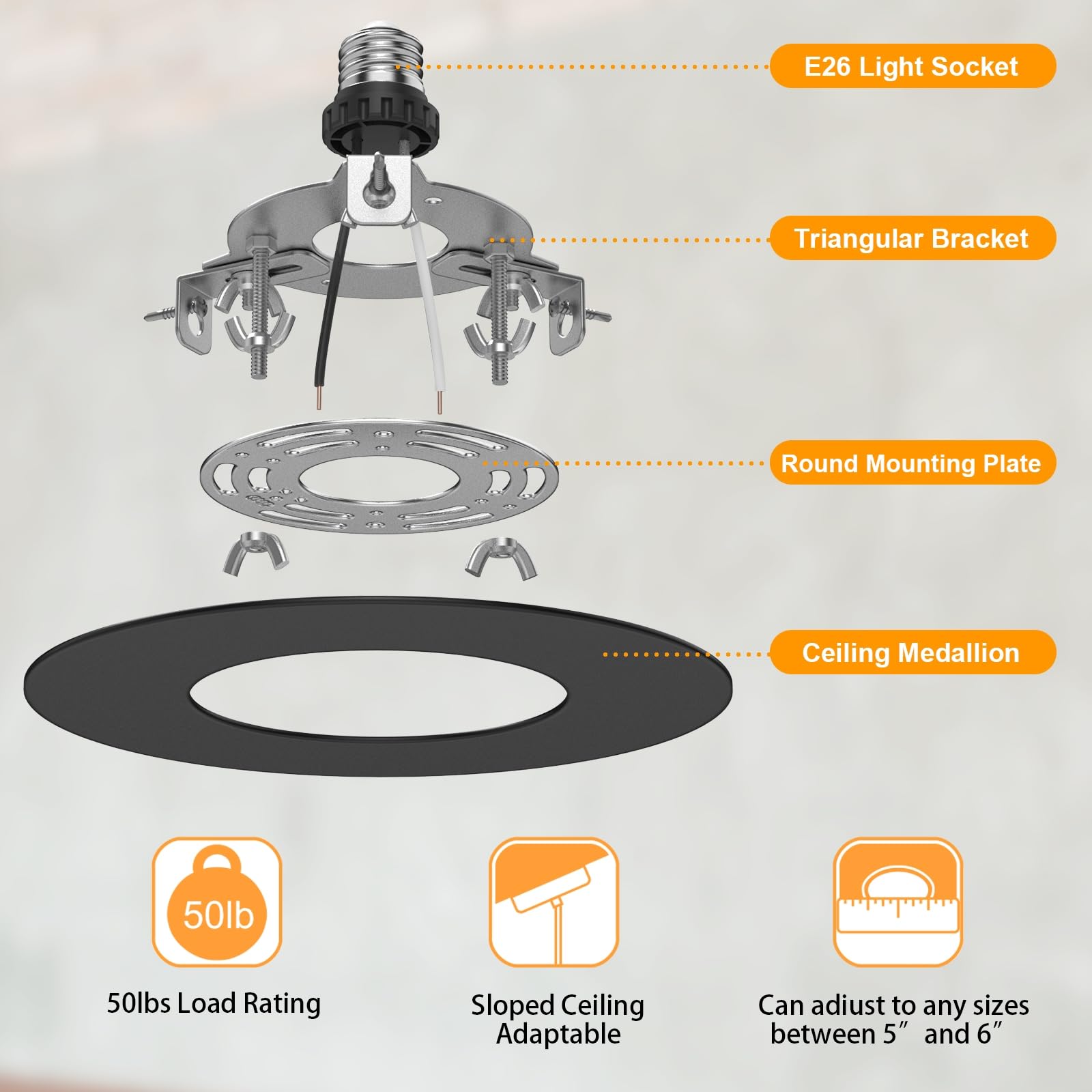 YIIZON R5-6-HEI Recessed Can Light Conversion Kit, Black Steel Medallion, 7¾ Inch, Pendant & Ceiling Fan Compatible