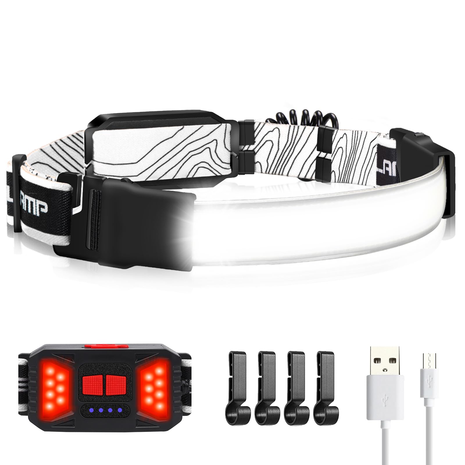 Adelante Led Headlamp Flashlight, 1000Lm 230Wide-Beam Rechargeable Head Lamp For Adults, Red Taillight & 4 Clips Waterproof Hard
