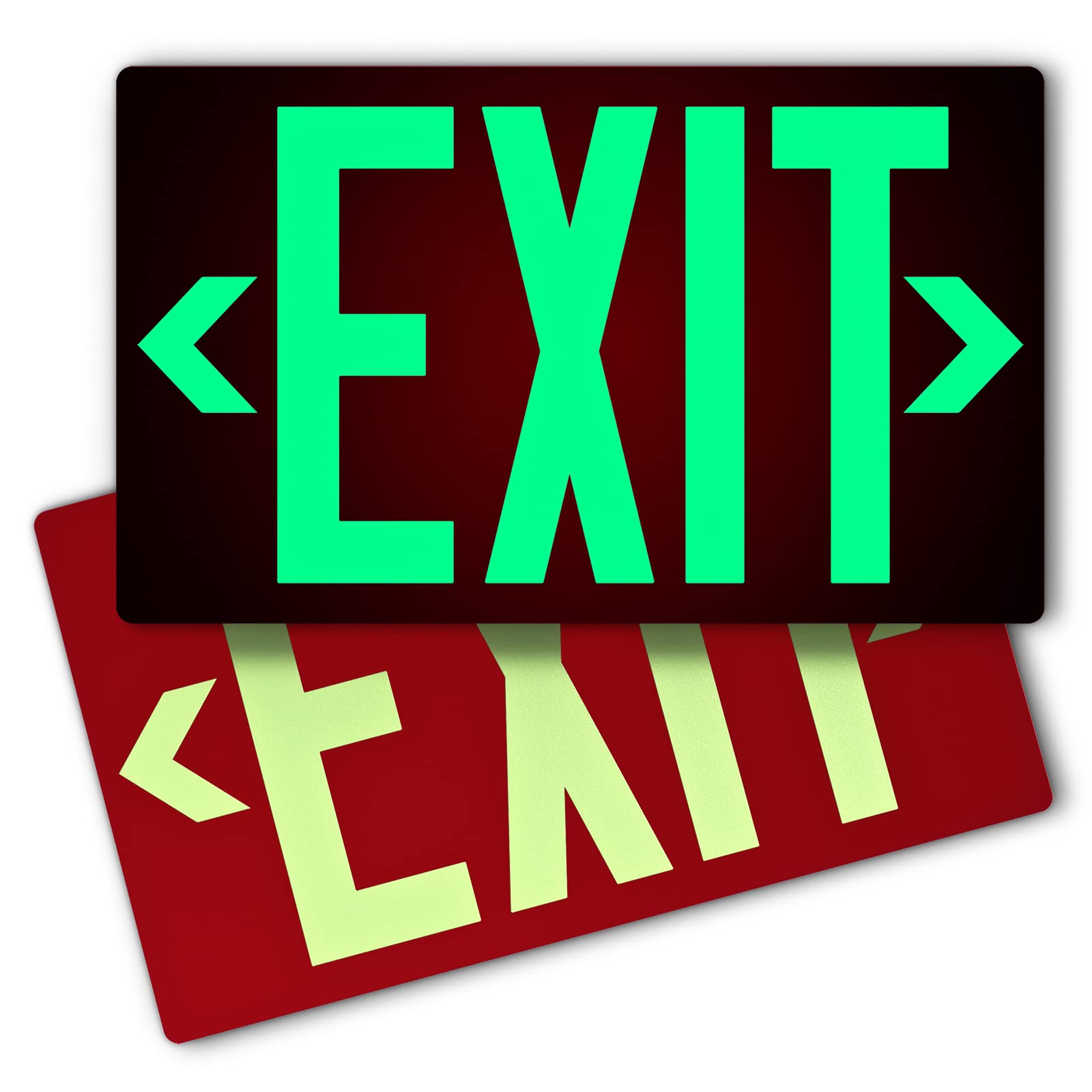 Photoluminescent Exit Sign Aluminum - Adhesive Backing Glow In The Dark - Removable Arrows Included - 12X7 Inches - Non Electrical Red Exit Light For 50 Feet Visibility (2 Pack)