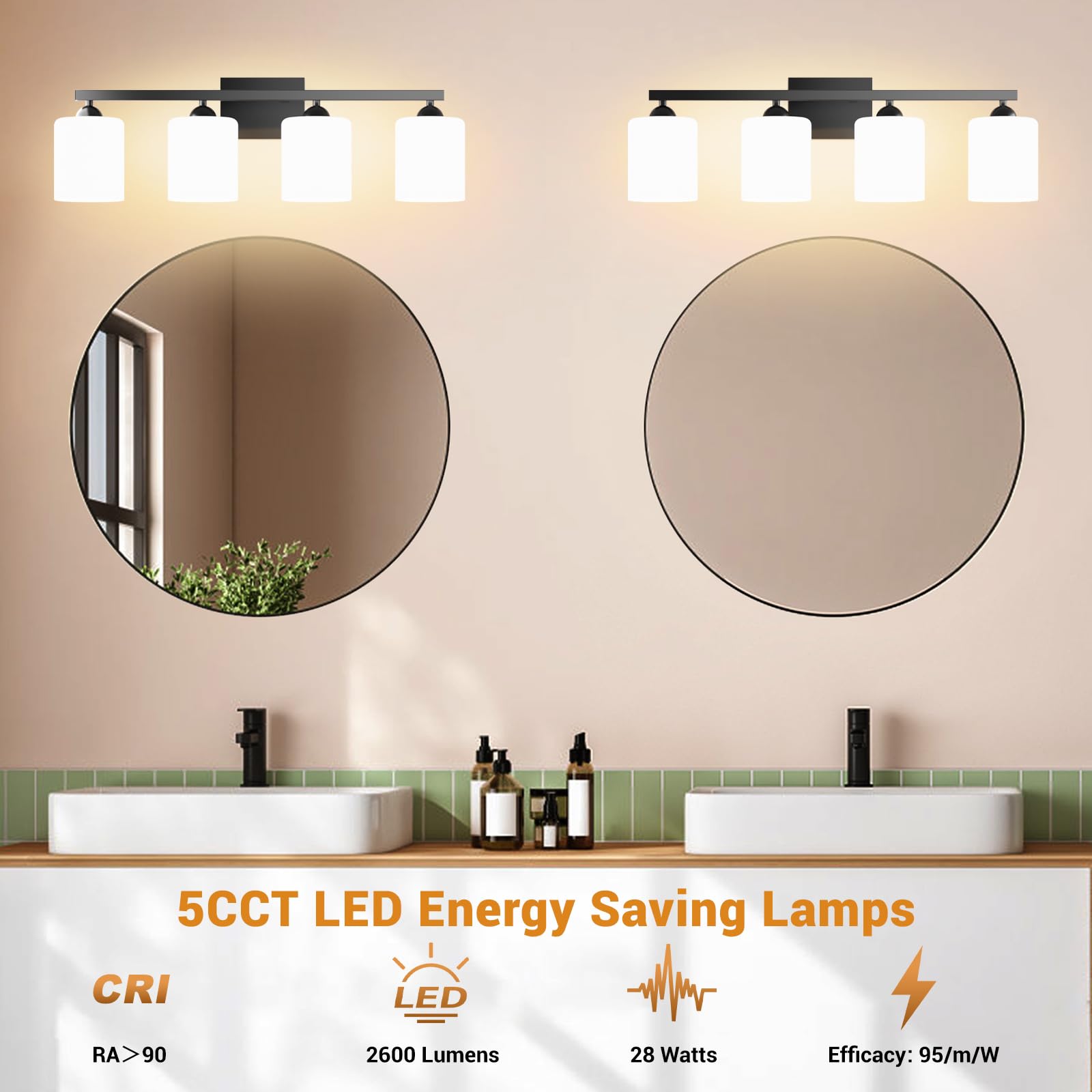 Quntis 4-Light LED Bathroom Vanity Light, Adjustable Colors, Metal, Black & Milky White, 28.3 inch