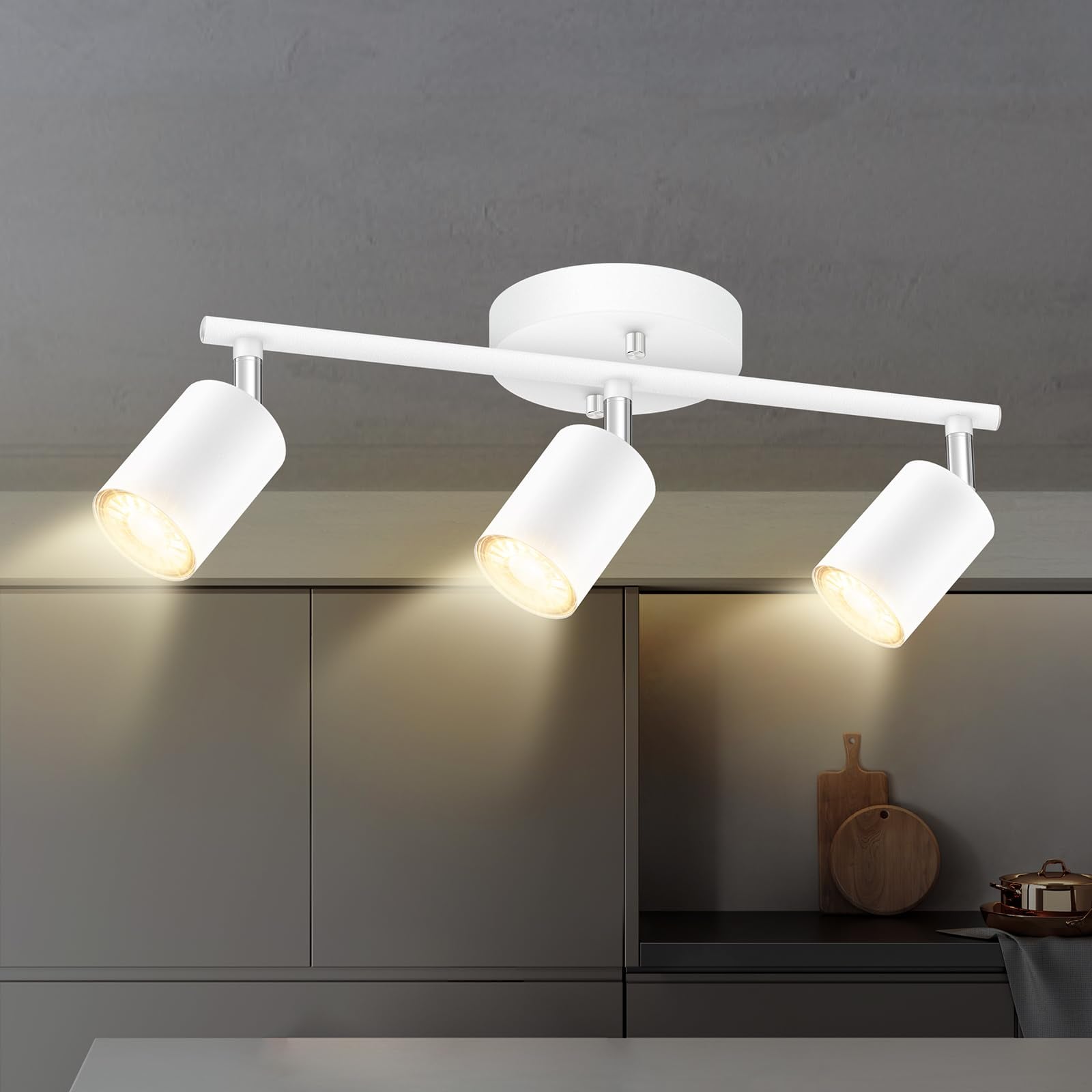 White Track Lighting, 3 Light Track Lighting Kit, White 3 Way Modern Ceiling Spotlight, Flexibly Rotatable Light Head, Industria