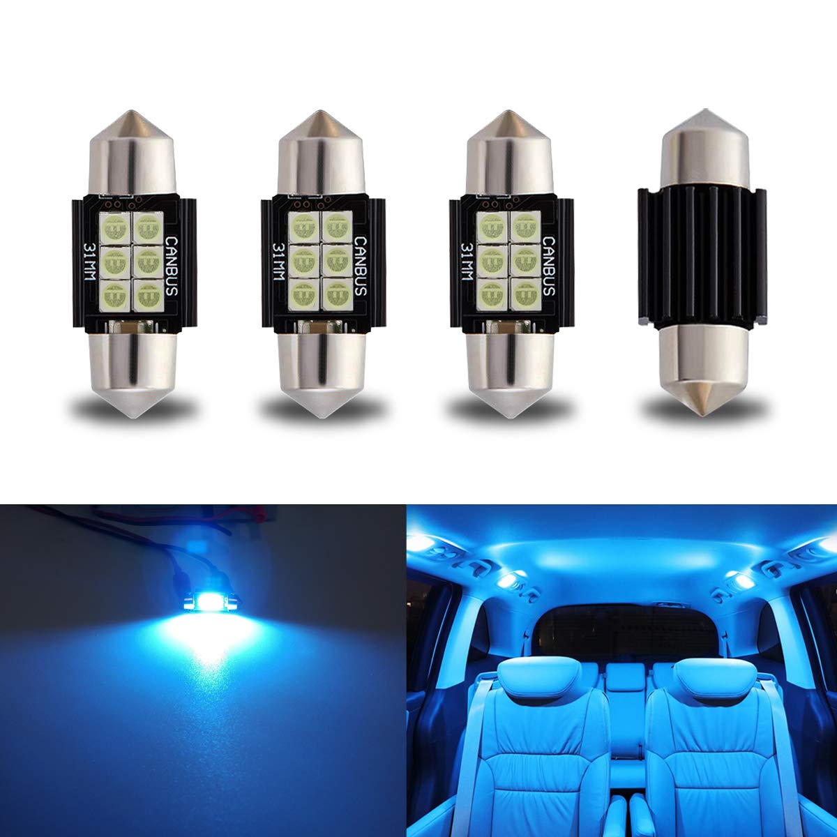 iBrightstar Festoon LED Bulbs, Error Free, 31mm, Ice Blue, Model iBrightstar-31mm-3030-6B for Dome and License Plate Lights