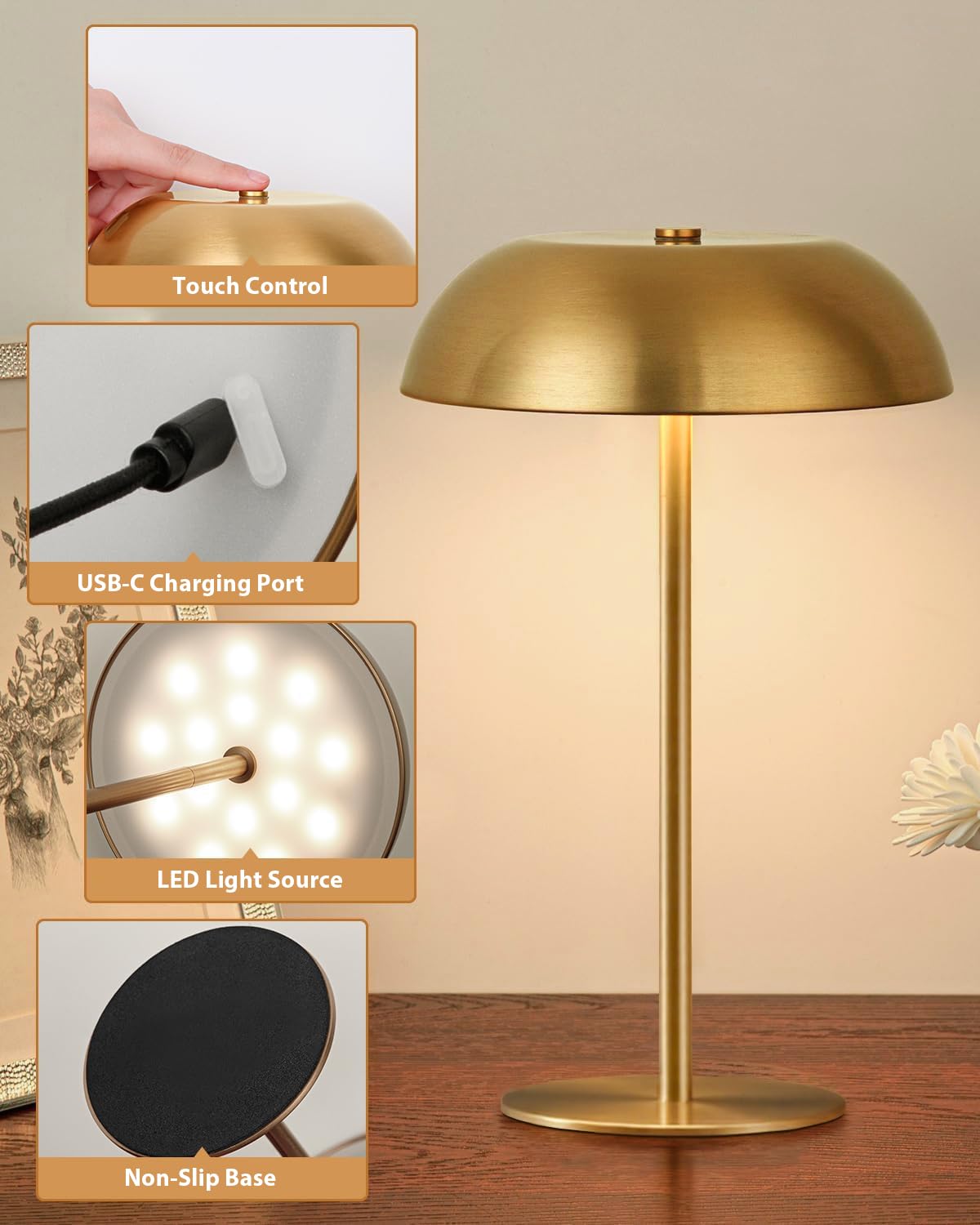 Brasslism Gold Cordless Table Lamp - Rechargeable Touch Lamp With 3-Color Dimming & Adjustable Height Battery Powered Lamp For Bedside  Bar  Desk  Outdoor Patio Restaurant Modern stylish Decor