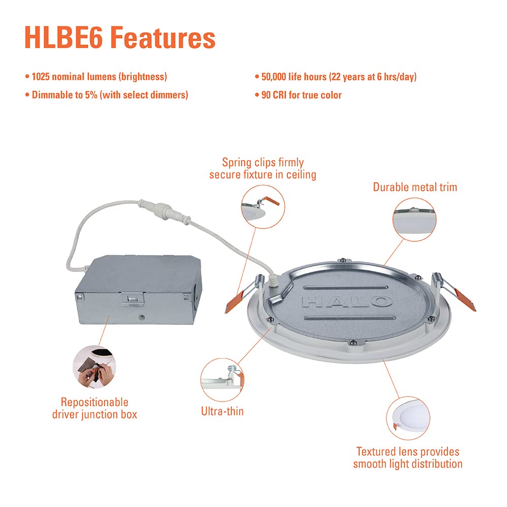 HALO 6 Inch Canless Ultra-Thin LED Wafer Light, 3000K Bright White, 1025 Lumens, Wet Rated, 12 Pack, UL & FCC Certified
