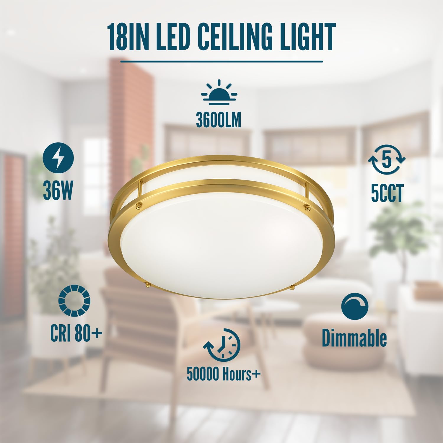 Wheatronic 18 Inch Ceiling Light Fixture Flush Mount Gold, 36W Large Living Room Ceiling Light Led, Dimmable Kitchen Lighting Fi