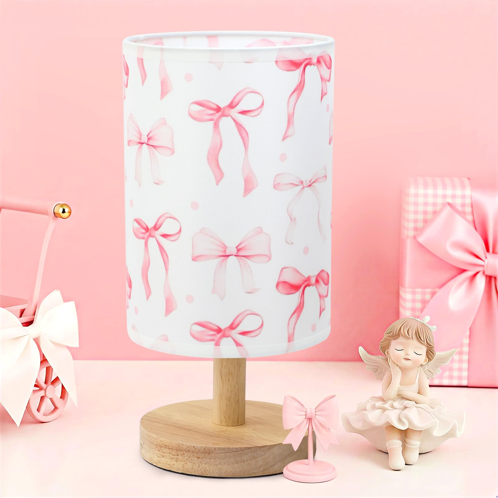 MASTRON Kids Table Lamp for Bedroom Kids Bedside Lamp with Linen Wooden Nightstand Cartoon Nursery Lampshade for Boys Girls Room Decor (Pink Bow)