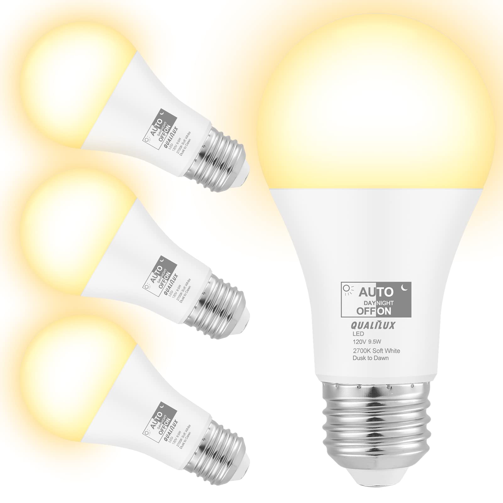Qualilux Dusk To Dawn Light Bulbs 850Lm, 60W Equivalent, Soft White, Led 9.5W, A19, E26 Base, 4-Pack, Hq-H016