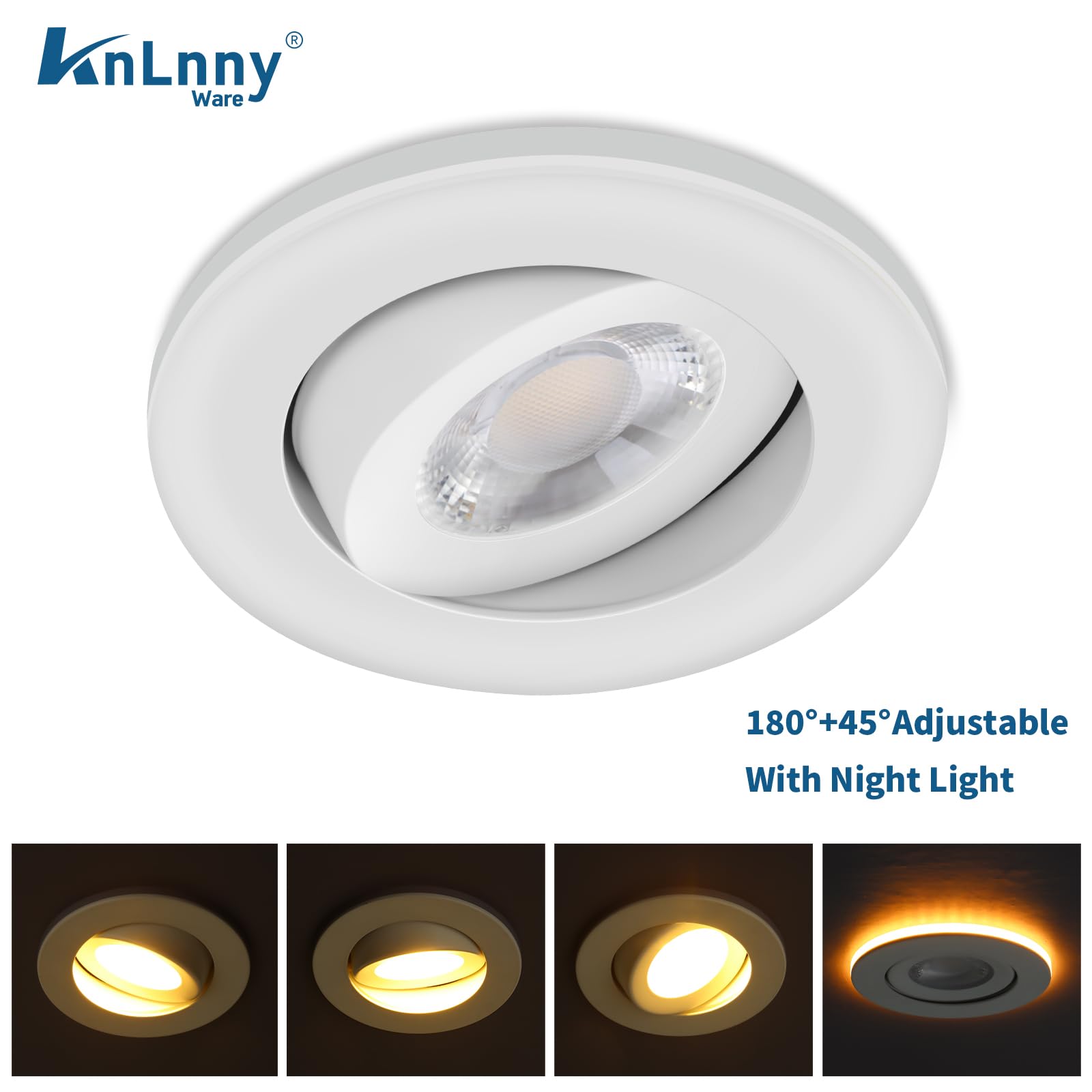 KnLnny Ware 4 Inch Indoor Spot Lights with Night Light, 9W 750LM Dimmable, Aluminum, ETL Listed, White, Model Light2025001-NL
