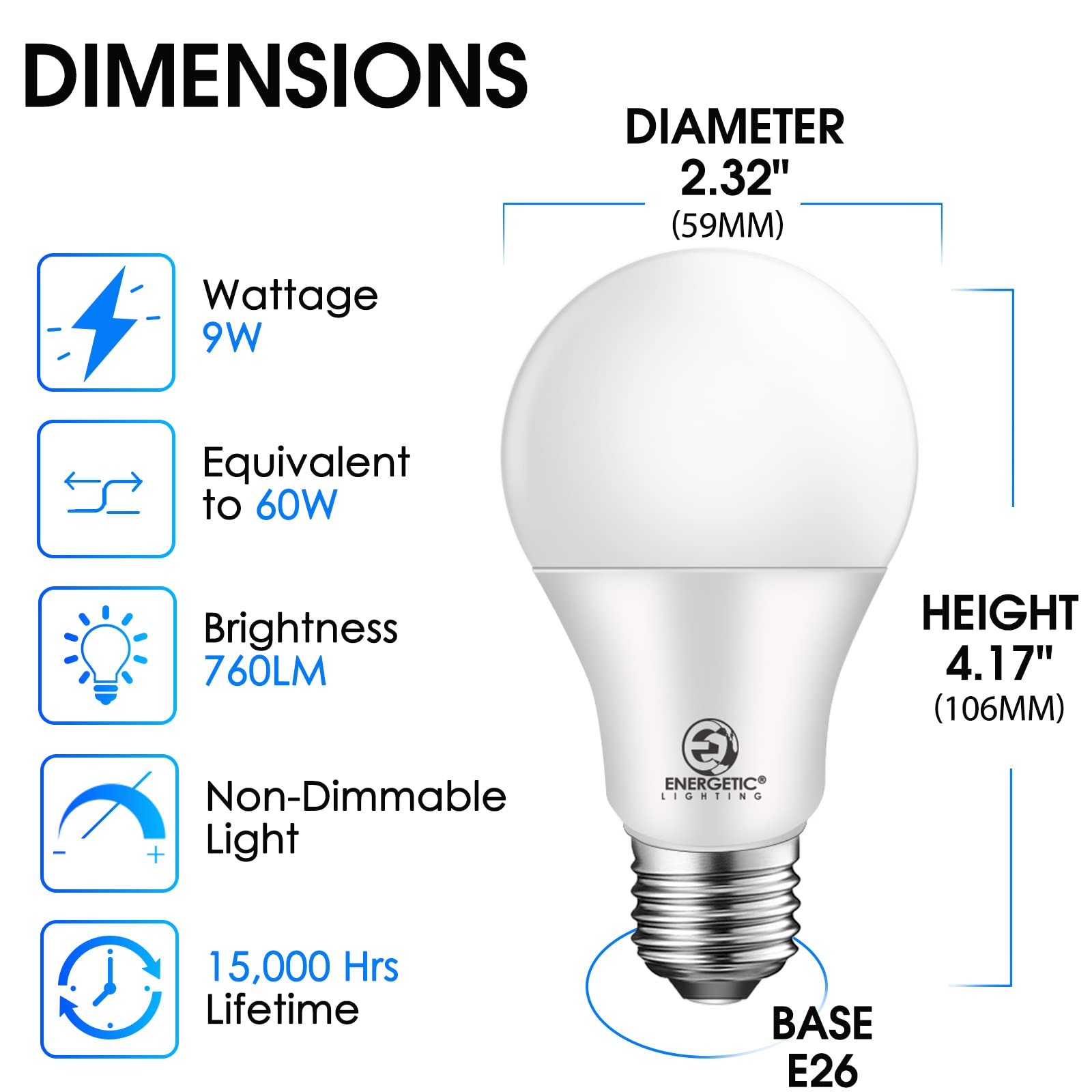 E Energetic Lighting Light Bulbs 60 Watt Equivalent, A19 Daylight Led Light Bulbs, 15000 Hrs E26 Base, 9W 760Lm 5000K Light Bulb